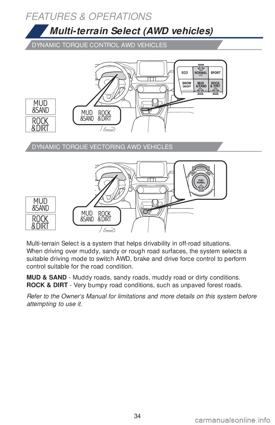 TOYOTA RAV4 2019   (in English) Owners Guide 34
FEATURES & OPERATIONS
Multi-terrain Select (AWD vehicles)
Multi-terrain Select is a system that helps drivability in off-road situations.
When driving over muddy, sandy or rough road surfaces, the 