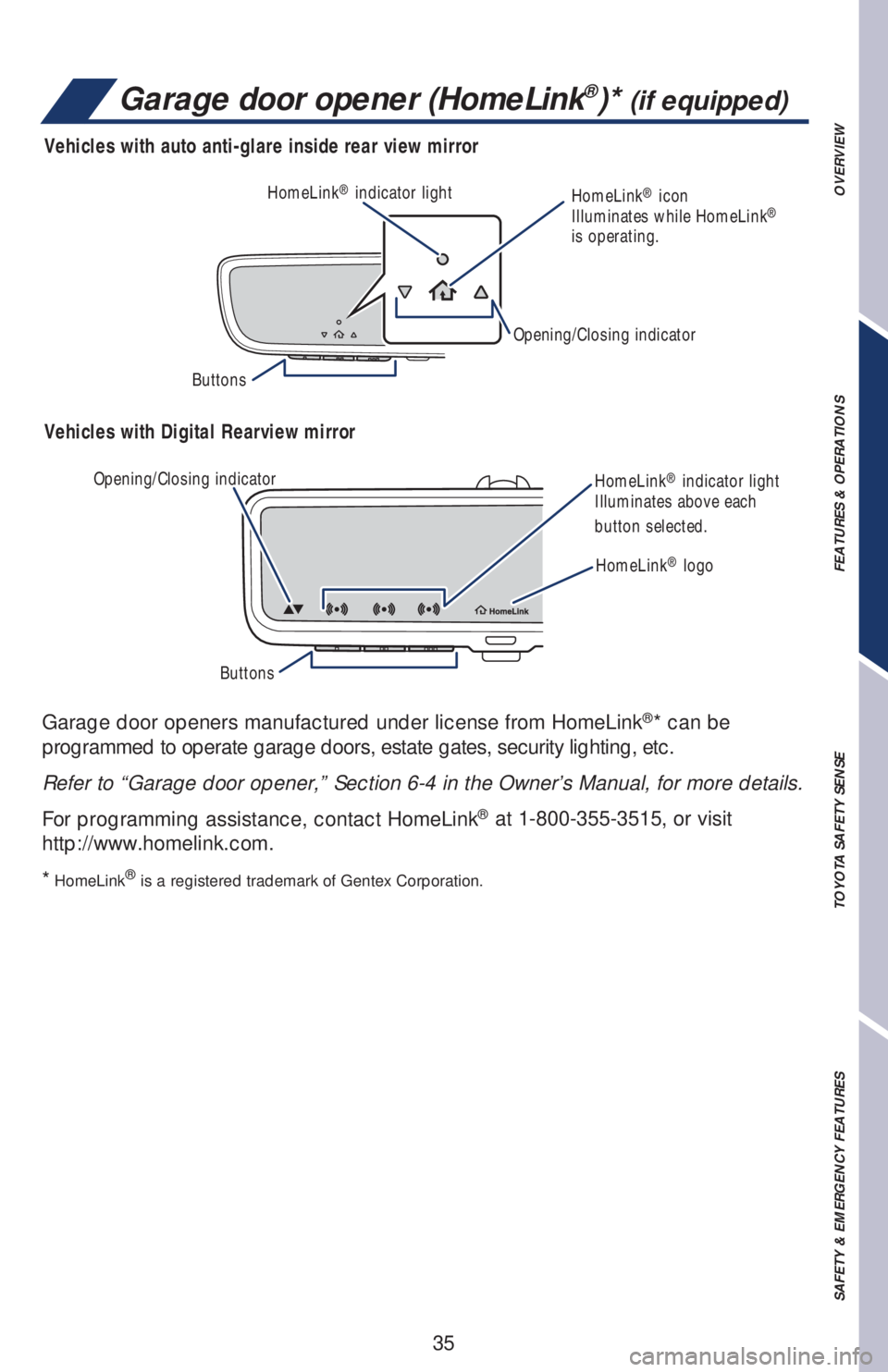 TOYOTA RAV4 2019   (in English) Owners Guide 35
Garage door openers manufactured under license from HomeLink®* can be 
programmed to operate garage doors, estate gates, security lighting, etc.
Refer to “Garage door opener,” Section 6-4 in t