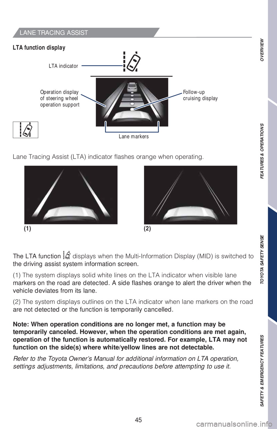 TOYOTA RAV4 2019   (in English) Service Manual 45
LANE TRACING ASSIST
The LTA function ��E�J�T�Q�M�B�Z�T��X�I�F�O��U�I�F��.�V�M�U�J��*�O�G�P�S�N�B�U�J�P�O��%�J�T�Q�M�B�Z��	�.�*�%�
��J�T��T�X�J�U�D�I�F�E��U�P�
the driving assist system i