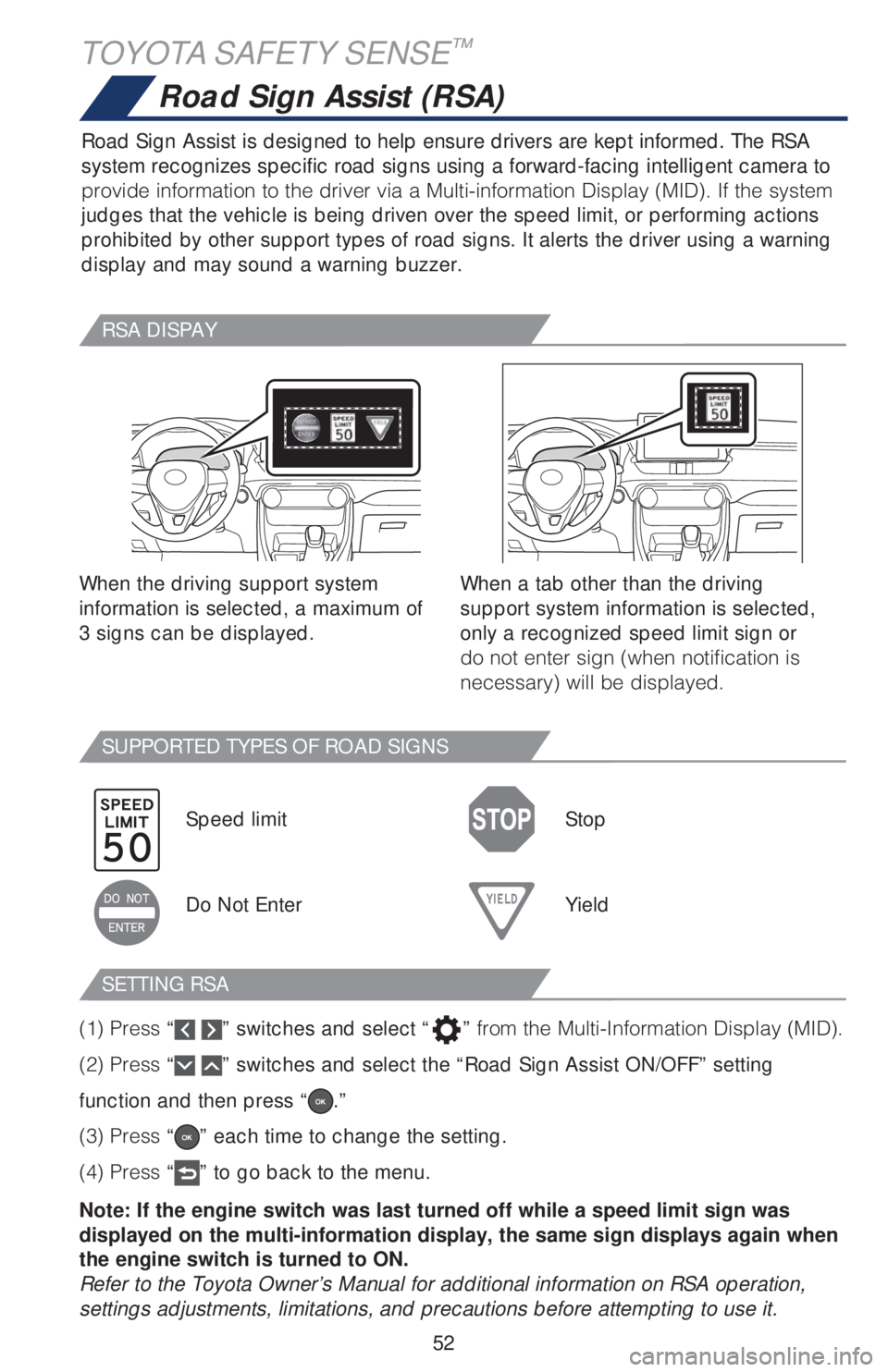 TOYOTA RAV4 2019   (in English) Workshop Manual 52
TOYOTA SAFETY SENSE™
Road Sign Assist (RSA)
Road Sign Assist is designed to help ensure drivers are kept informed. The RSA 
system recognizes specific road signs using a forward-facing intelligen