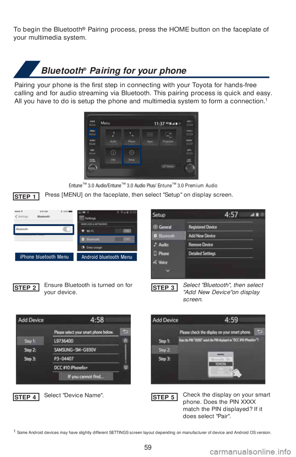 TOYOTA RAV4 2019   (in English) Repair Manual 59
To begin the Bluetooth® Pairing process, press the HOME button on the faceplate of 
your multimedia system.
Bluetooth® Pairing for your phone
Pairing your phone is the first step in connecting wi