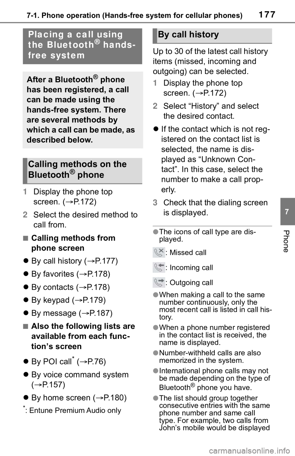 TOYOTA RAV4 2019 Accessories, Audio & Navigation (in English) 1777-1. Phone operation (Hands-free system for cellular phones)
7
Phone
1Display the phone top
screen. ( P.172)
2 Select the desired method to
call from.
■Calling methods from
phone screen
TOYOTA RAV4 2019 Accessories, Audio & Navigation (in English) 1777-1. Phone operation (Hands-free system for cellular phones)
7
Phone
1Display the phone top
screen. ( P.172)
2 Select the desired method to
call from.
■Calling methods from
phone screen
