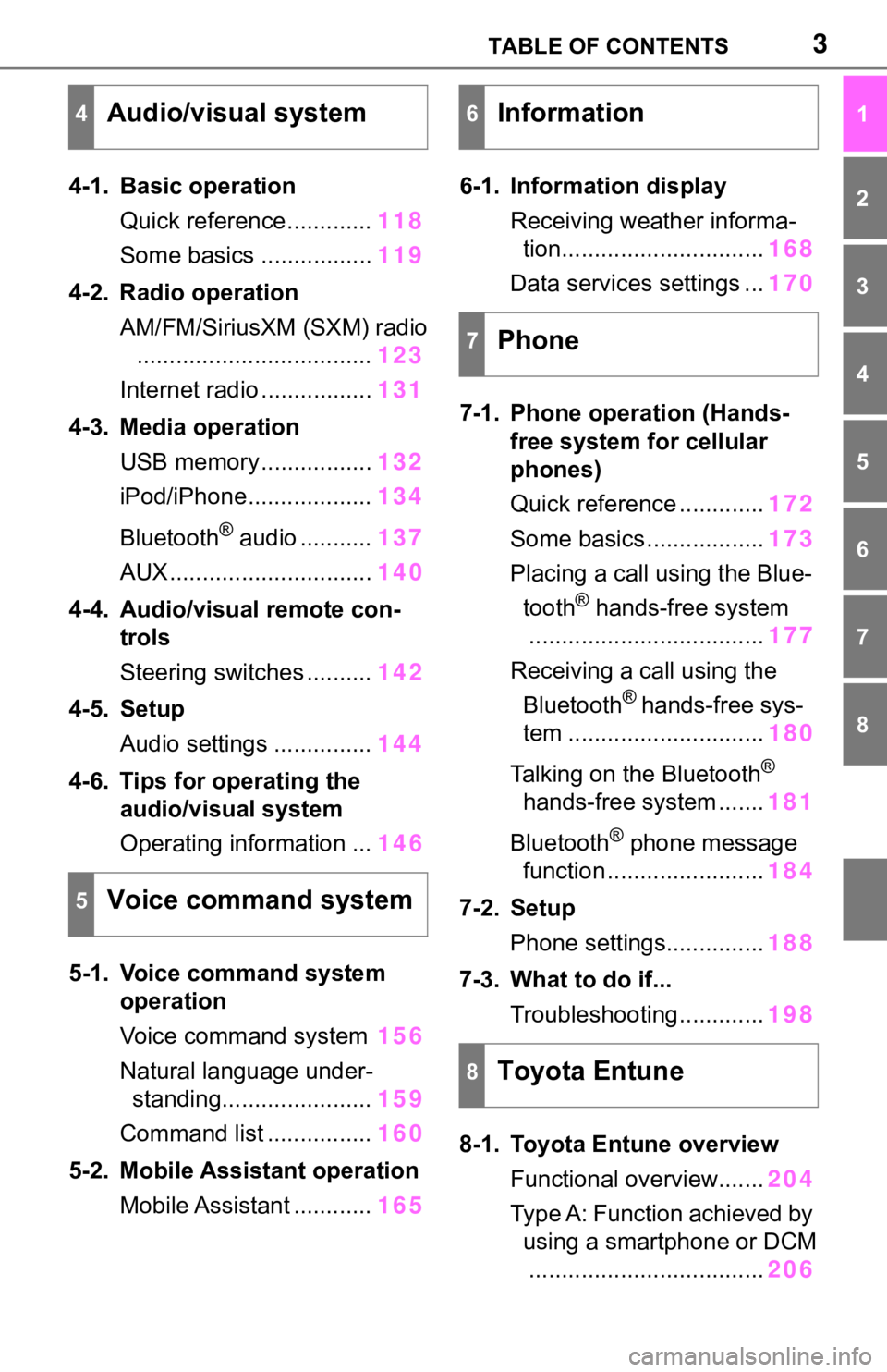 TOYOTA RAV4 2019 Accessories, Audio & Navigation (in English) 3TABLE OF CONTENTS
1
2
3
4
5
6
7
8
4-1. Basic operationQuick reference............. 118
Some basics ................. 119
4-2. Radio operation AM/FM/SiriusXM (SXM) radio............................... TOYOTA RAV4 2019 Accessories, Audio & Navigation (in English) 3TABLE OF CONTENTS
1
2
3
4
5
6
7
8
4-1. Basic operationQuick reference............. 118
Some basics ................. 119
4-2. Radio operation AM/FM/SiriusXM (SXM) radio...............................