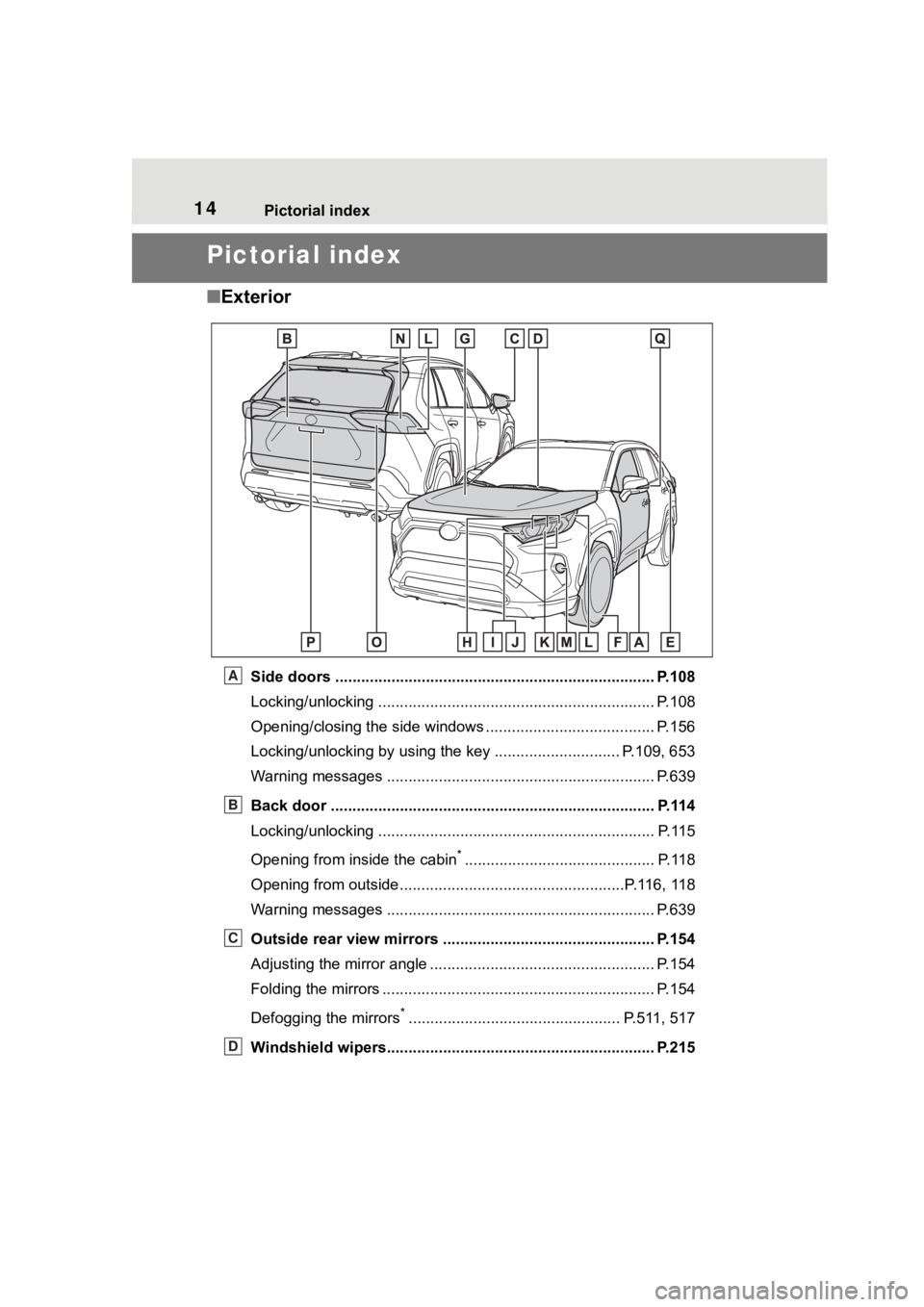 TOYOTA RAV4 2020  Owners Manual (in English) 14Pictorial index
Pictorial index
■Exterior
Side doors ......... ................................. ................................ P.108
Locking/unlocking ..........................................