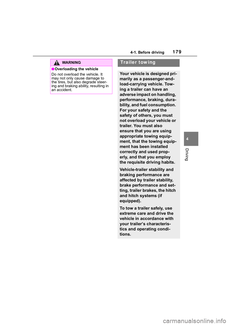 TOYOTA RAV4 2020 Owners Manual (in English) 1794-1. Before driving
4
Driving
WA R N I N G
■Overloading the vehicle
Do not overload the vehicle. It
may not only cause damage to
the tires, but also degrade steer-
ing and braking ability, resu TOYOTA RAV4 2020 Owners Manual (in English) 1794-1. Before driving
4
Driving
WA R N I N G
■Overloading the vehicle
Do not overload the vehicle. It
may not only cause damage to
the tires, but also degrade steer-
ing and braking ability, resu