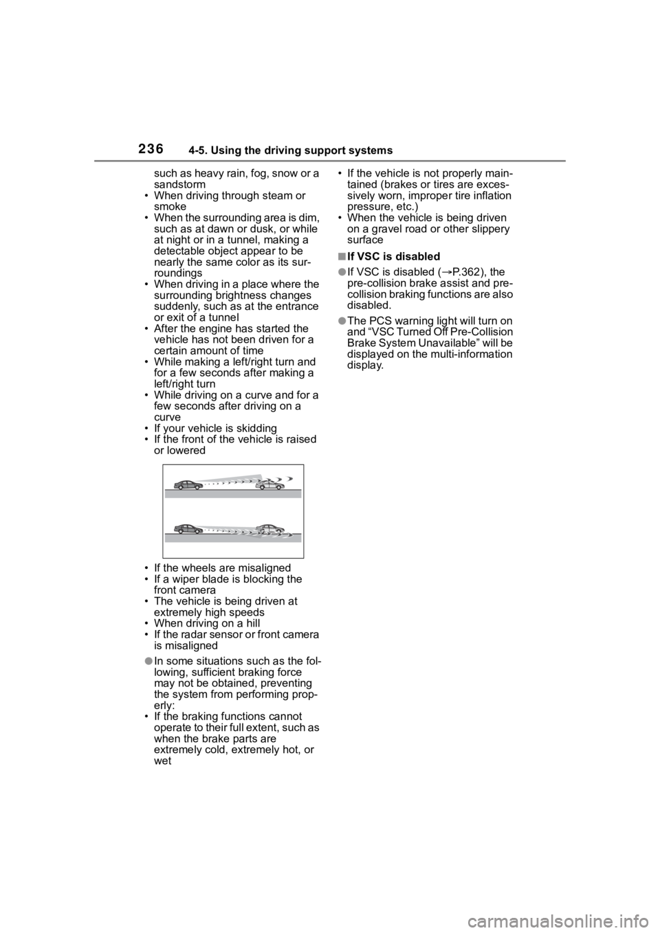 TOYOTA RAV4 2020  Owners Manual (in English) 2364-5. Using the driving support systems
such as heavy rain, fog, snow or a 
sandstorm
• When driving through steam or 
smoke
• When the surrounding area is dim,  such as at dawn or dusk, or whil