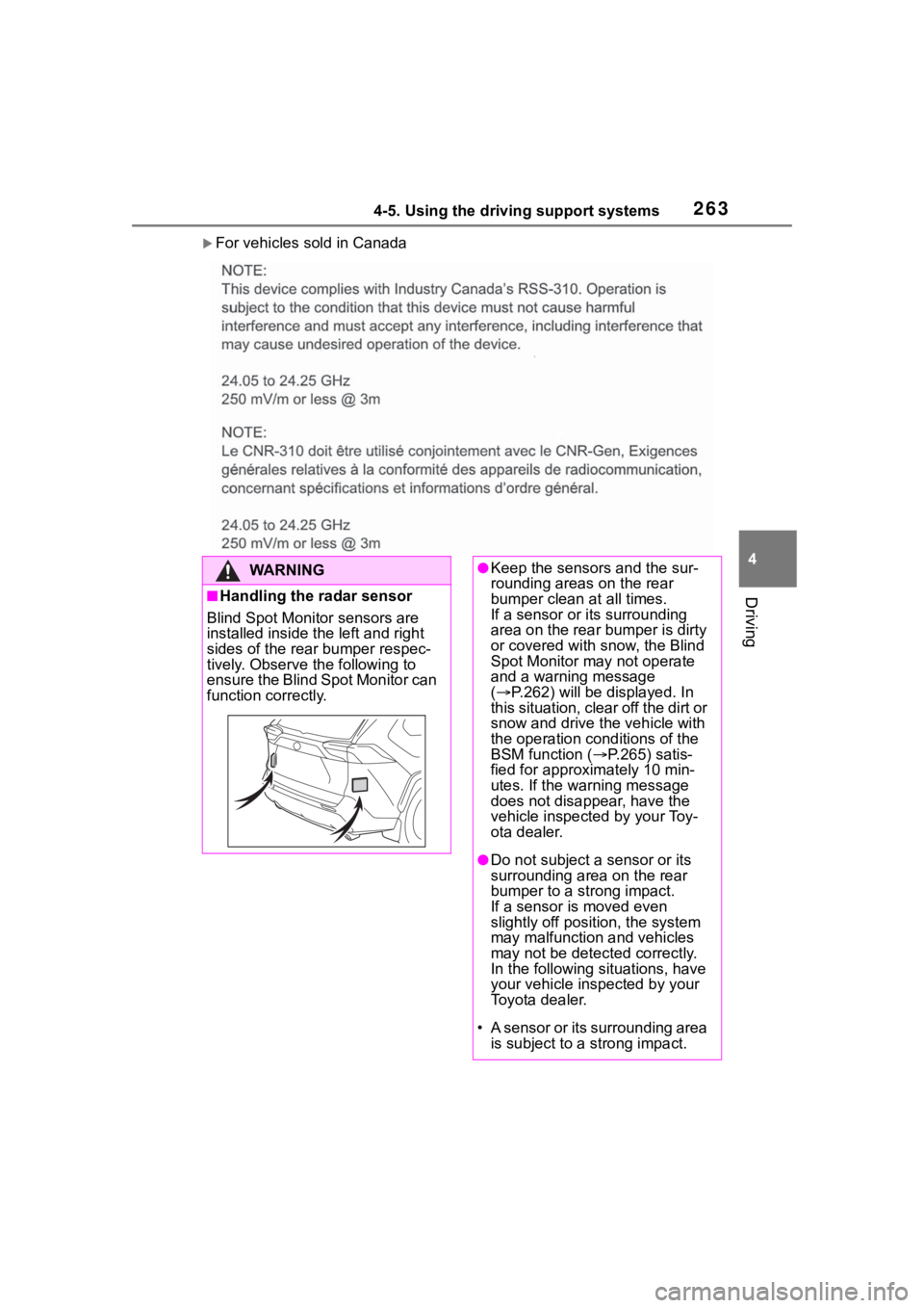 TOYOTA RAV4 2020  Owners Manual (in English) 2634-5. Using the driving support systems
4
Driving
For vehicles sold in Canada
WA R N I N G
■Handling the radar sensor
Blind Spot Monitor sensors are 
installed inside t he left and right 
sides