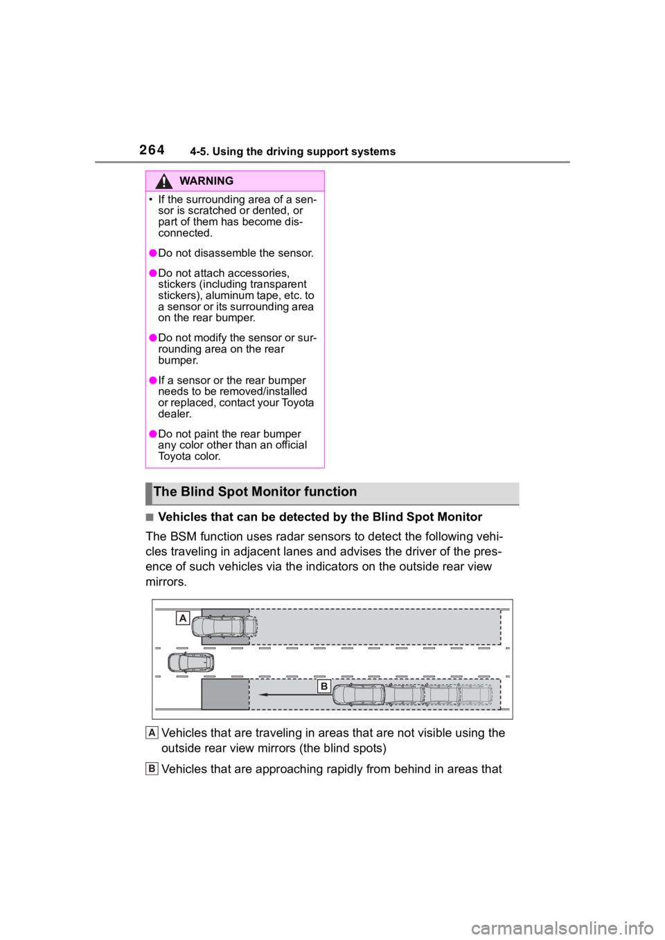 TOYOTA RAV4 2020  Owners Manual (in English) 2644-5. Using the driving support systems
■Vehicles that can be detected by the Blind Spot Monitor
The BSM function uses radar sensors  to detect the following vehi-
cles traveling in adjacent lane 