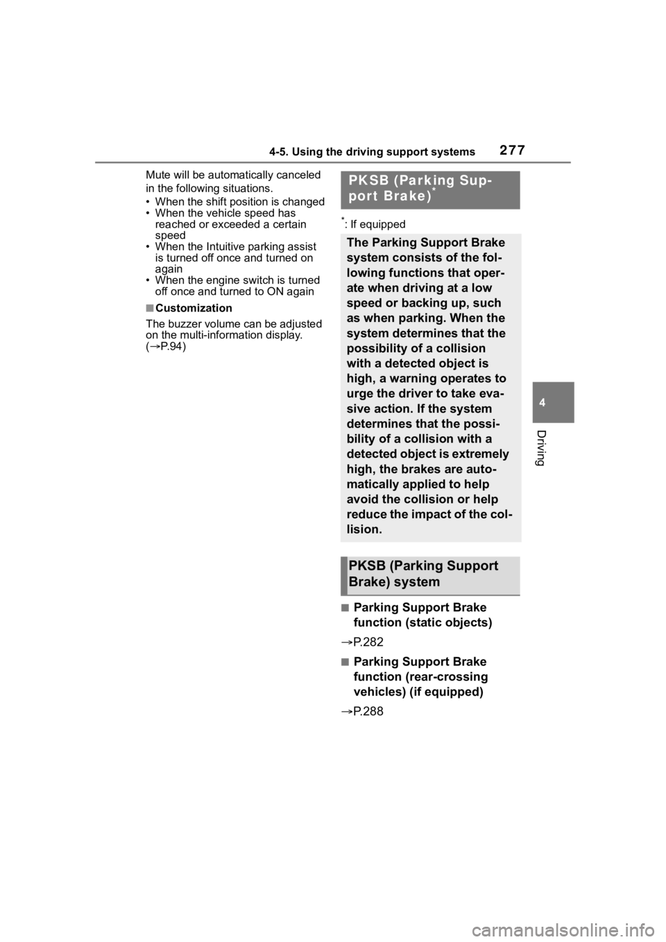 TOYOTA RAV4 2020  Owners Manual (in English) 2774-5. Using the driving support systems
4
Driving
Mute will be automatically canceled 
in the followin g situations.
• When the shift position is changed
• When the vehicle speed has  reached or