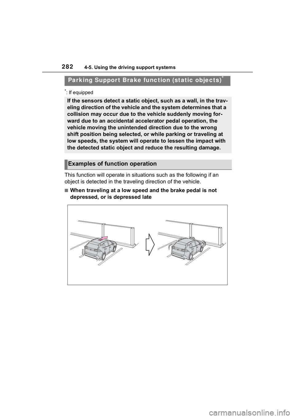 TOYOTA RAV4 2020  Owners Manual (in English) 2824-5. Using the driving support systems
*: If equipped
This function will operate in situations such as the following if an 
object is detected in the traveling direction of the vehicle.
■When tra