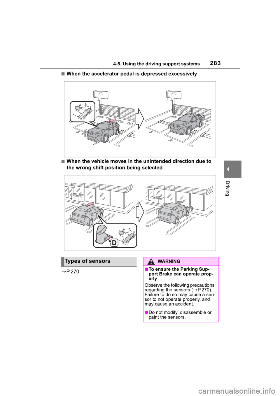 TOYOTA RAV4 2020  Owners Manual (in English) 2834-5. Using the driving support systems
4
Driving
■When the accelerator pedal is depressed excessively
■When the vehicle moves in the unintended direction due to 
the wrong shift position being 