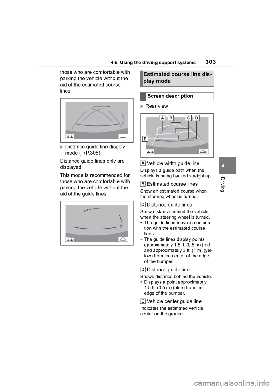 TOYOTA RAV4 2020 Owners Manual (in English) 3034-5. Using the driving support systems
4
Driving
those who are comfortable with
parking the vehicle without the
aid of the estimated course
lines.
Distance guide line display
mode (P.305) TOYOTA RAV4 2020 Owners Manual (in English) 3034-5. Using the driving support systems
4
Driving
those who are comfortable with
parking the vehicle without the
aid of the estimated course
lines.
Distance guide line display
mode (P.305)