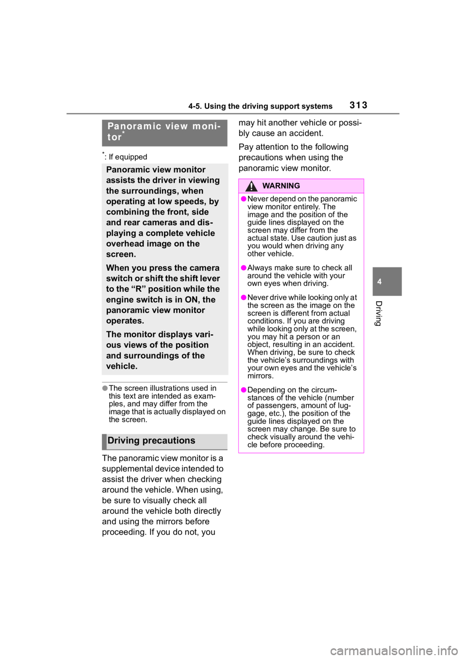 TOYOTA RAV4 2020 Owners Manual (in English) 3134-5. Using the driving support systems
4
Driving
*: If equipped
●The screen illustrations used in
this text are intended as exam-
ples, and may differ from the
image that is actually displayed TOYOTA RAV4 2020 Owners Manual (in English) 3134-5. Using the driving support systems
4
Driving
*: If equipped
●The screen illustrations used in
this text are intended as exam-
ples, and may differ from the
image that is actually displayed