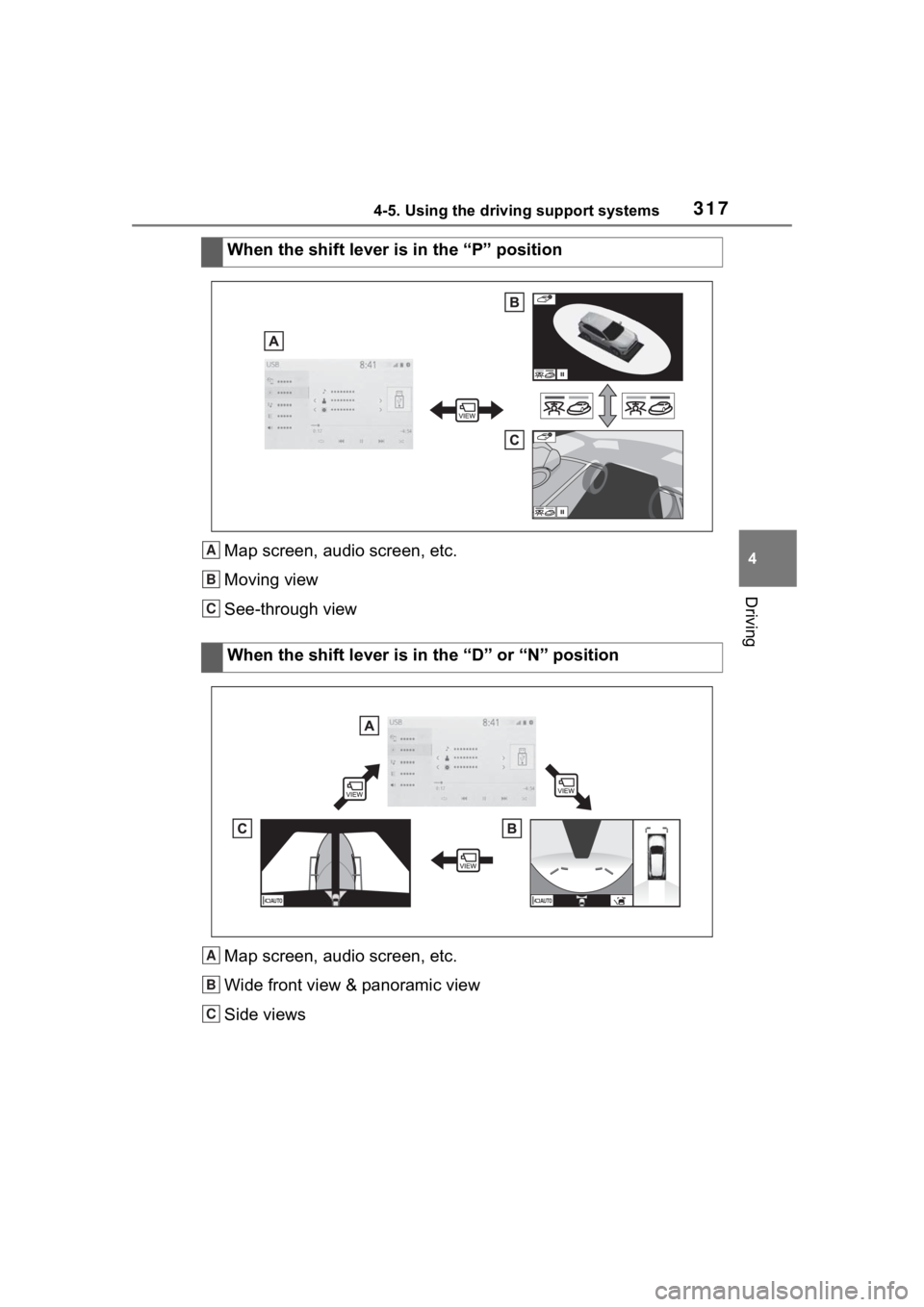 TOYOTA RAV4 2020 Owners Manual (in English) 3174-5. Using the driving support systems
4
Driving
Map screen, audio screen, etc.
Moving view
See-through view
Map screen, audio screen, etc.
Wide front view & panoramic view
Side viewsWhen the shift TOYOTA RAV4 2020 Owners Manual (in English) 3174-5. Using the driving support systems
4
Driving
Map screen, audio screen, etc.
Moving view
See-through view
Map screen, audio screen, etc.
Wide front view & panoramic view
Side viewsWhen the shift