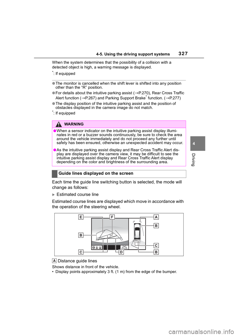 TOYOTA RAV4 2020 Owners Manual (in English) 3274-5. Using the driving support systems
4
Driving
When the system determines that the possibility of a collision with a
detected object is high, a warning message is displayed.
*: If equipped
●Th TOYOTA RAV4 2020 Owners Manual (in English) 3274-5. Using the driving support systems
4
Driving
When the system determines that the possibility of a collision with a
detected object is high, a warning message is displayed.
*: If equipped
●Th