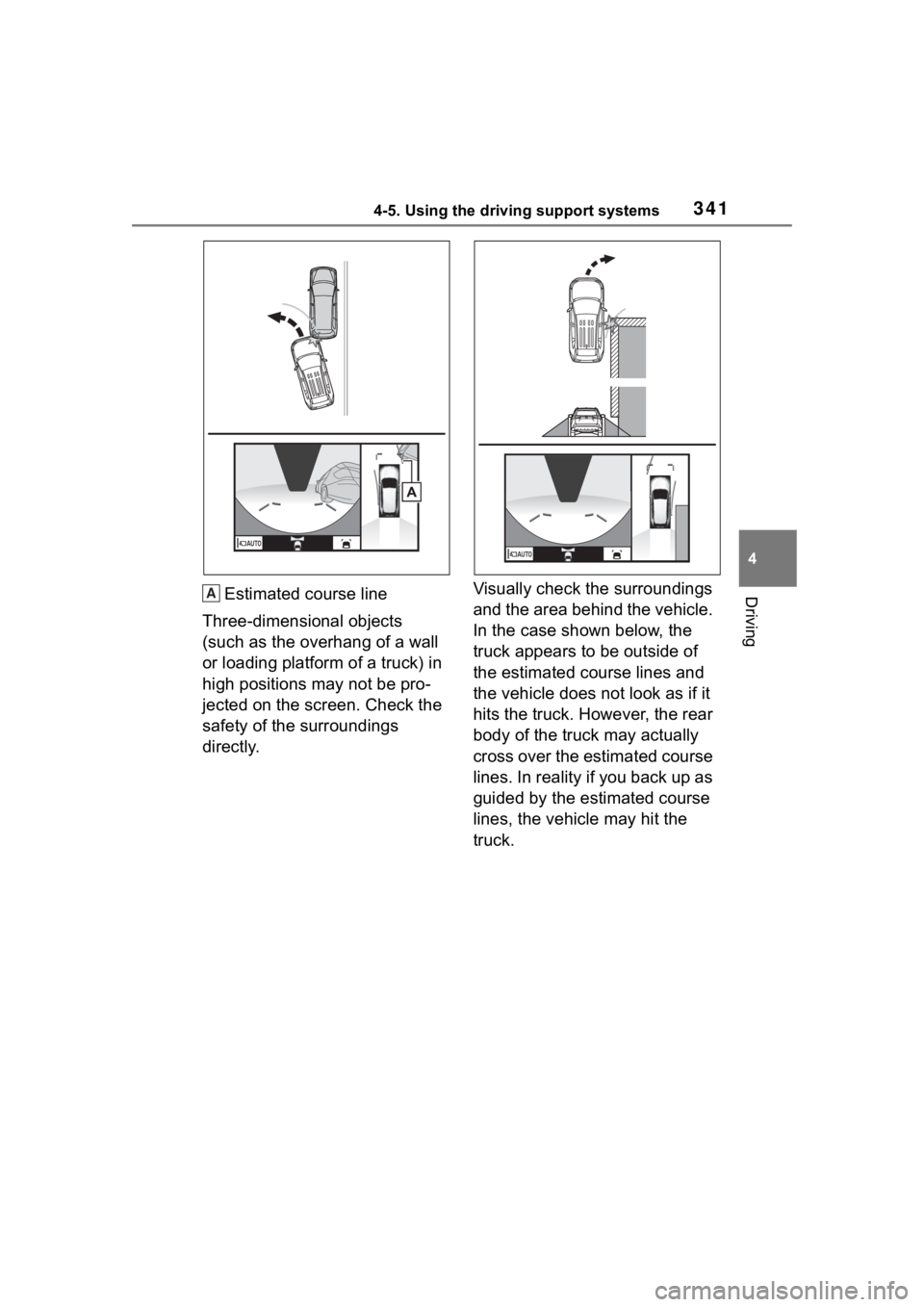 TOYOTA RAV4 2020  Owners Manual (in English) 3414-5. Using the driving support systems
4
DrivingEstimated course line
Three-dimensional objects 
(such as the overhang of a wall 
or loading platform of a truck) in 
high positions may not be pro-
