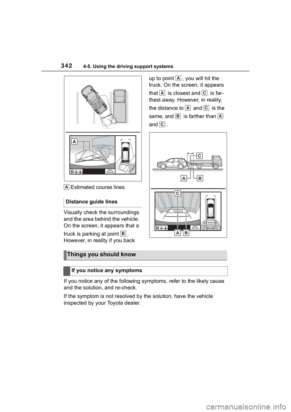 TOYOTA RAV4 2020  Owners Manual (in English) 3424-5. Using the driving support systems
Estimated course lines
Visually check the surroundings 
and the area behind the vehicle. 
On the screen, it appears that a 
truck is parking at point  . 
Howe