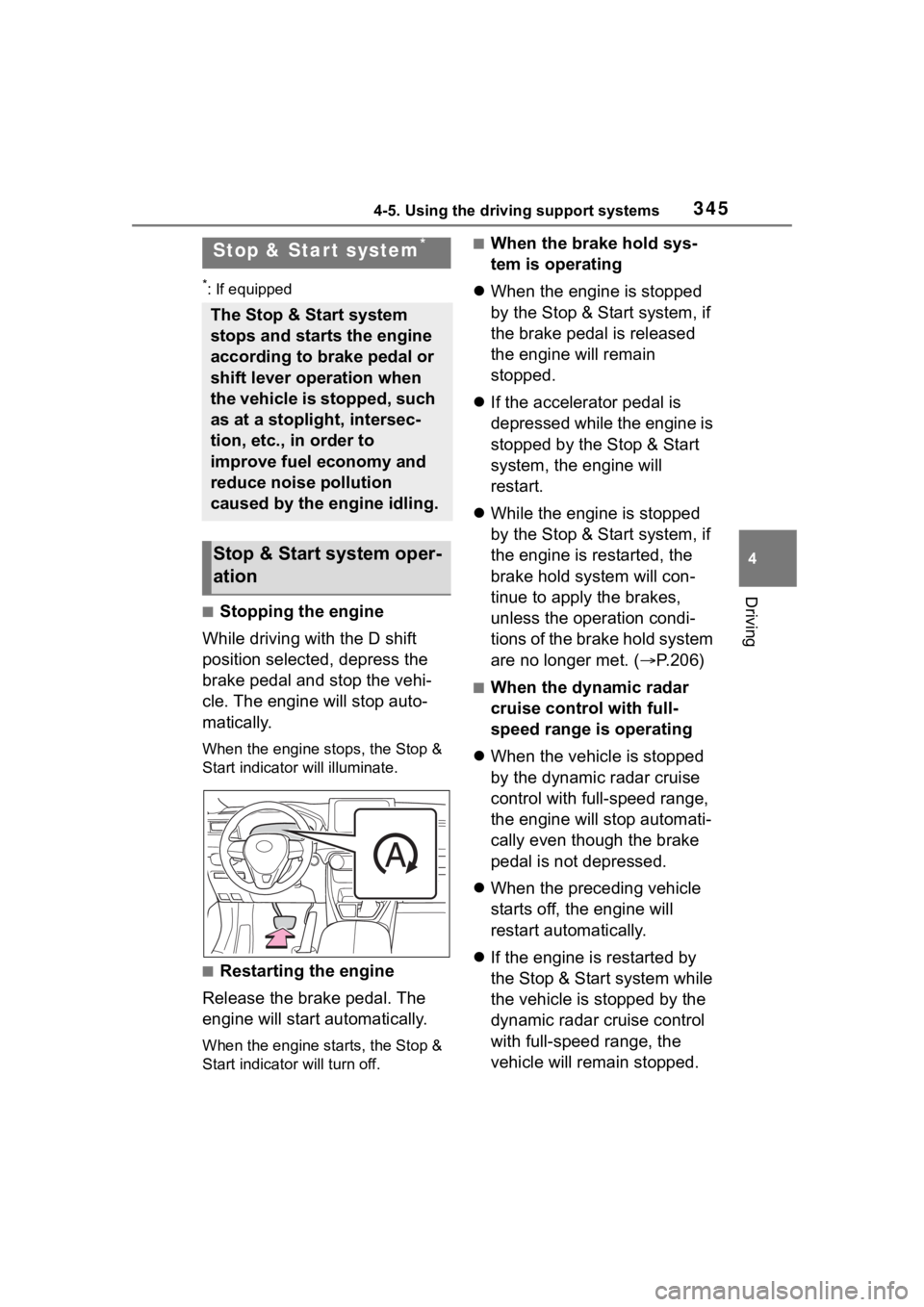 TOYOTA RAV4 2020  Owners Manual (in English) 3454-5. Using the driving support systems
4
Driving
*: If equipped
■Stopping the engine
While driving with the D shift 
position selected, depress the 
brake pedal and stop the vehi-
cle. The engine