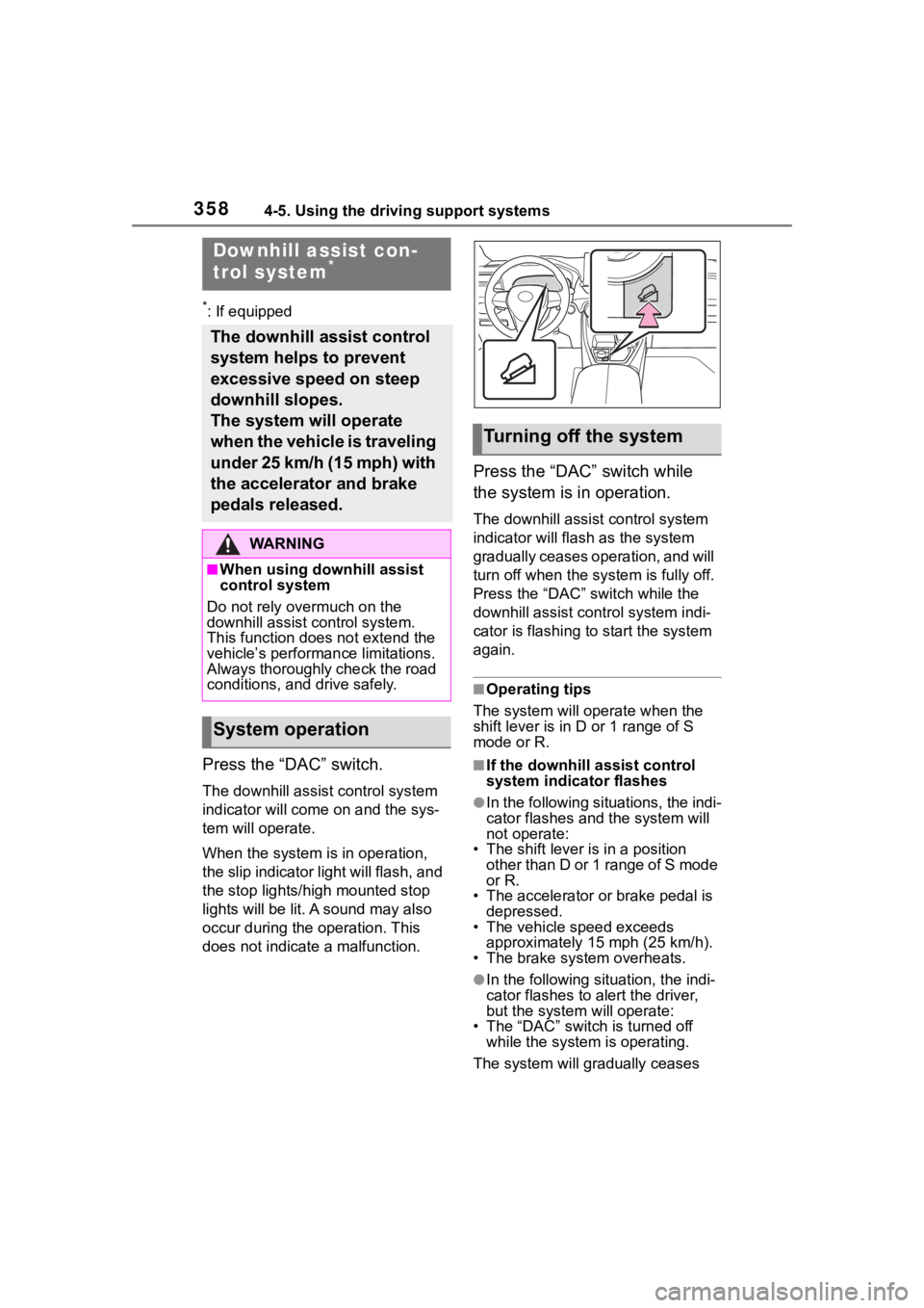 TOYOTA RAV4 2020  Owners Manual (in English) 3584-5. Using the driving support systems
*: If equipped
Press the “DAC” switch.
The downhill assist control system 
indicator will come on and the sys-
tem will operate.
When the system is in ope