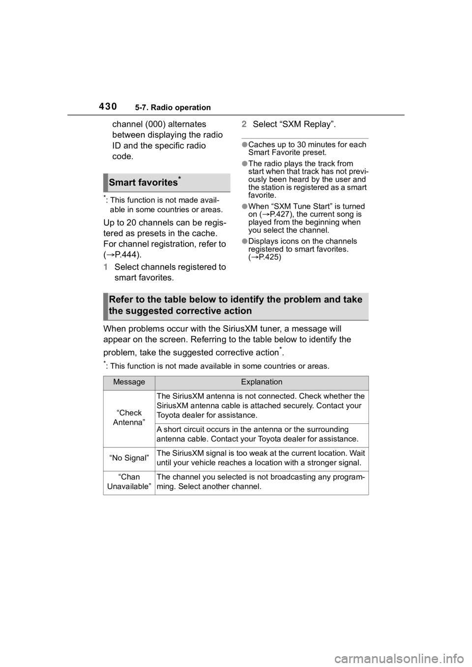 TOYOTA RAV4 2020  Owners Manual (in English) 4305-7. Radio operation
channel (000) alternates 
between displaying the radio 
ID and the specific radio 
code.
*: This function is not made avail-able in some countries or areas.
Up to 20 channels c