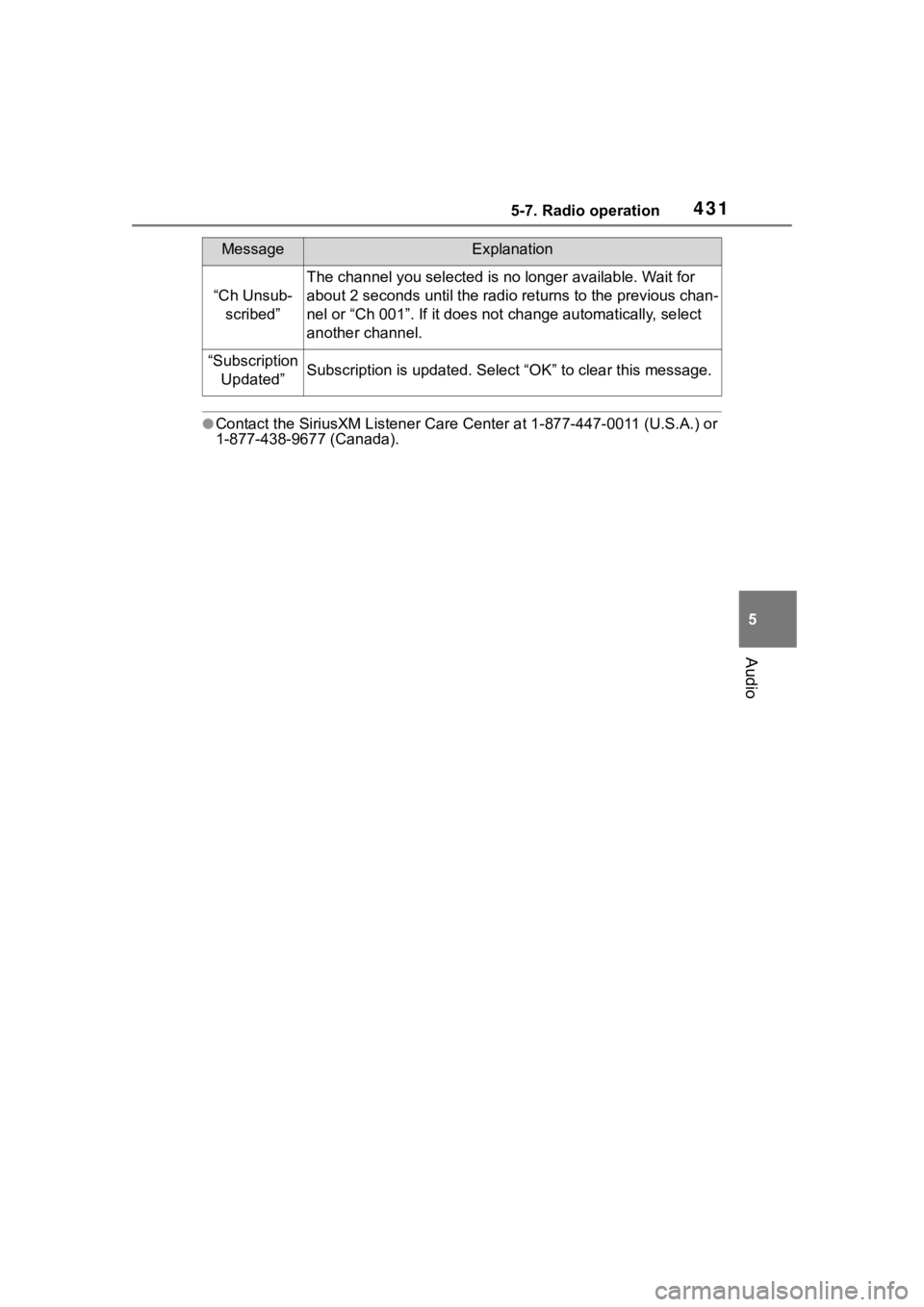 TOYOTA RAV4 2020 Owners Manual (in English) 4315-7. Radio operation
5
Audio
●Contact the SiriusXM Listener Care Center at 1-877-447-0011 (U.S.A.) or
1-877-438-9677 (Canada).
“Ch Unsub-
scribed”
The channel you selected is no longer avai TOYOTA RAV4 2020 Owners Manual (in English) 4315-7. Radio operation
5
Audio
●Contact the SiriusXM Listener Care Center at 1-877-447-0011 (U.S.A.) or
1-877-438-9677 (Canada).
“Ch Unsub-
scribed”
The channel you selected is no longer avai