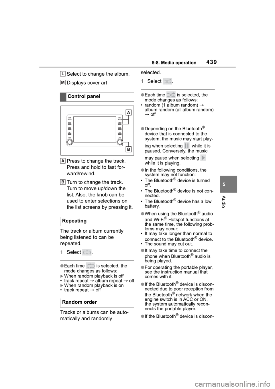 TOYOTA RAV4 2020  Owners Manual (in English) 4395-8. Media operation
5
Audio
Select to change the album.
Displays cover art
Press to change the track.
Press and hold to fast for-
ward/rewind.
Turn to change the track.
Turn to move up/down the 
l