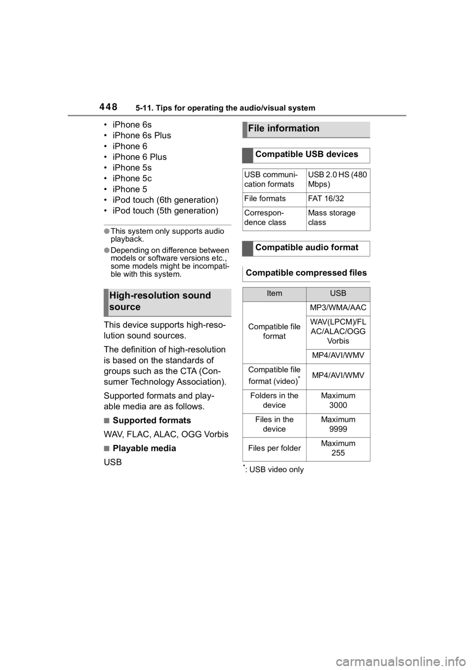 TOYOTA RAV4 2020  Owners Manual (in English) 4485-11. Tips for operating the audio/visual system
• iPhone 6s
• iPhone 6s Plus
• iPhone 6
• iPhone 6 Plus
• iPhone 5s
• iPhone 5c
• iPhone 5
• iPod touch (6th generation)
• iPod to