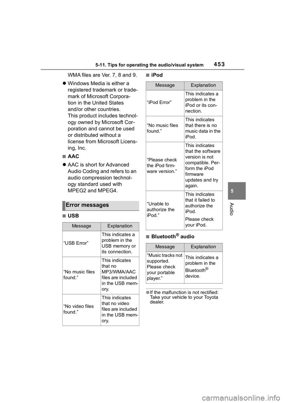 TOYOTA RAV4 2020  Owners Manual (in English) 4535-11. Tips for operating the audio/visual system
5
Audio
WMA files are Ver. 7, 8 and 9.
 Windows Media is either a 
registered trademark or trade-
mark of Microsoft Corpora-
tion in the United S