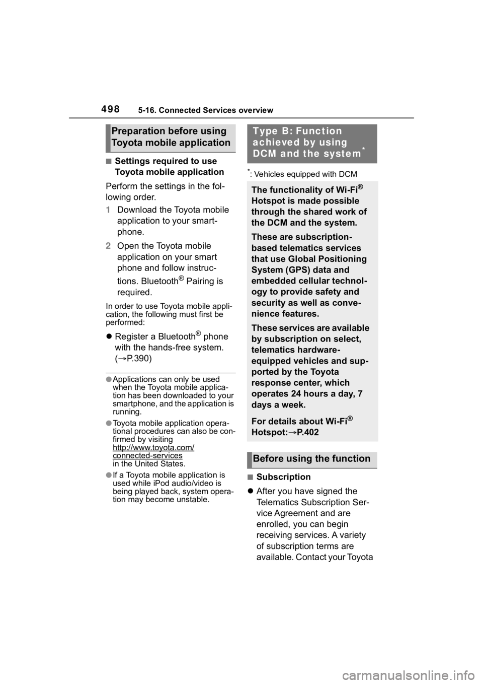 TOYOTA RAV4 2020 Owners Manual (in English) 4985-16. Connected Services overview
■Settings required to use
Toyota mobile application
Perform the settings in the fol-
lowing order.
1 Download the Toyota mobile
application to your smart-
phon TOYOTA RAV4 2020 Owners Manual (in English) 4985-16. Connected Services overview
■Settings required to use
Toyota mobile application
Perform the settings in the fol-
lowing order.
1 Download the Toyota mobile
application to your smart-
phon