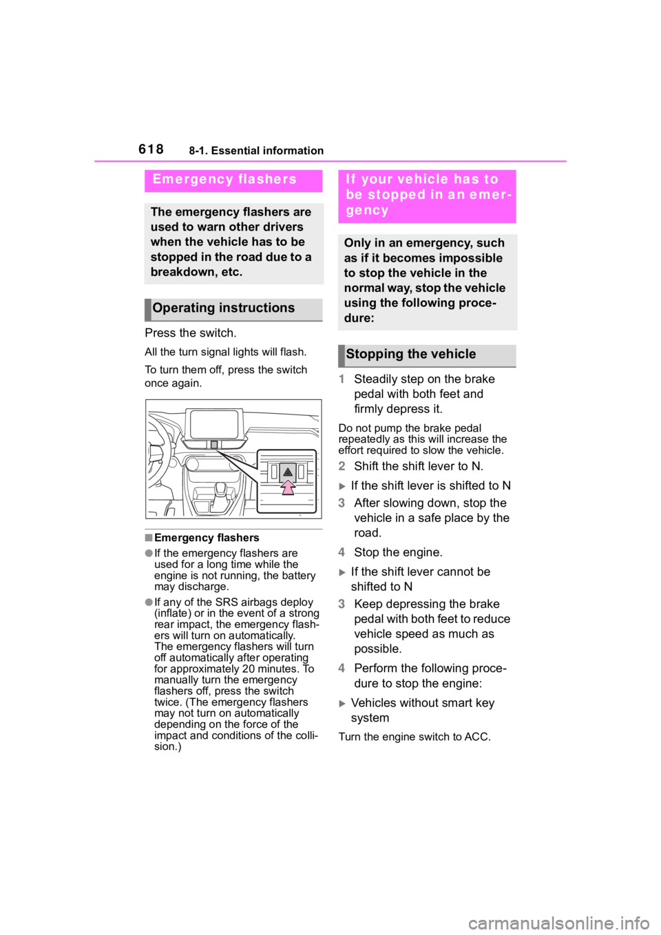 TOYOTA RAV4 2020  Owners Manual (in English) 6188-1. Essential information
8-1.Essential information
Press the switch.
All the turn signal lights will flash.
To turn them off, press the switch 
once again.
■Emergency flashers
●If the emergen