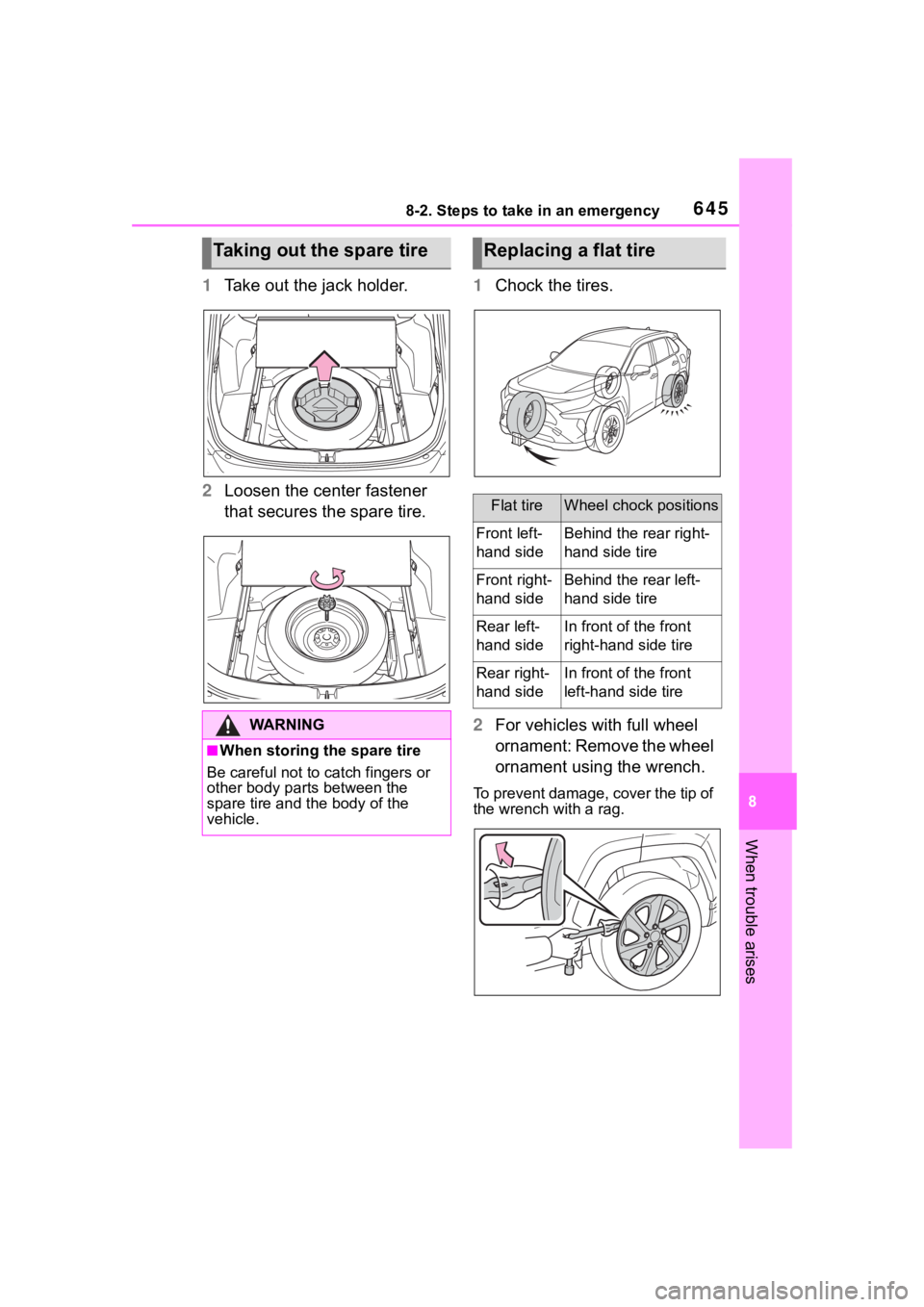 TOYOTA RAV4 2020  Owners Manual (in English) 6458-2. Steps to take in an emergency
8
When trouble arises
1Take out the jack holder.
2 Loosen the center fastener 
that secures the spare tire. 1
Chock the tires.
2 For vehicles with full wheel 
orn