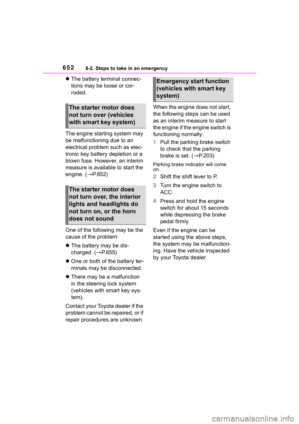 TOYOTA RAV4 2020 (in English) Owners Guide 6528-2. Steps to take in an emergency
The battery terminal connec-
tions may be loose or cor-
roded.
The engine starting system may
be malfunctioning due to an
electrical problem such as elec-
tr TOYOTA RAV4 2020 (in English) Owners Guide 6528-2. Steps to take in an emergency
The battery terminal connec-
tions may be loose or cor-
roded.
The engine starting system may
be malfunctioning due to an
electrical problem such as elec-
tr