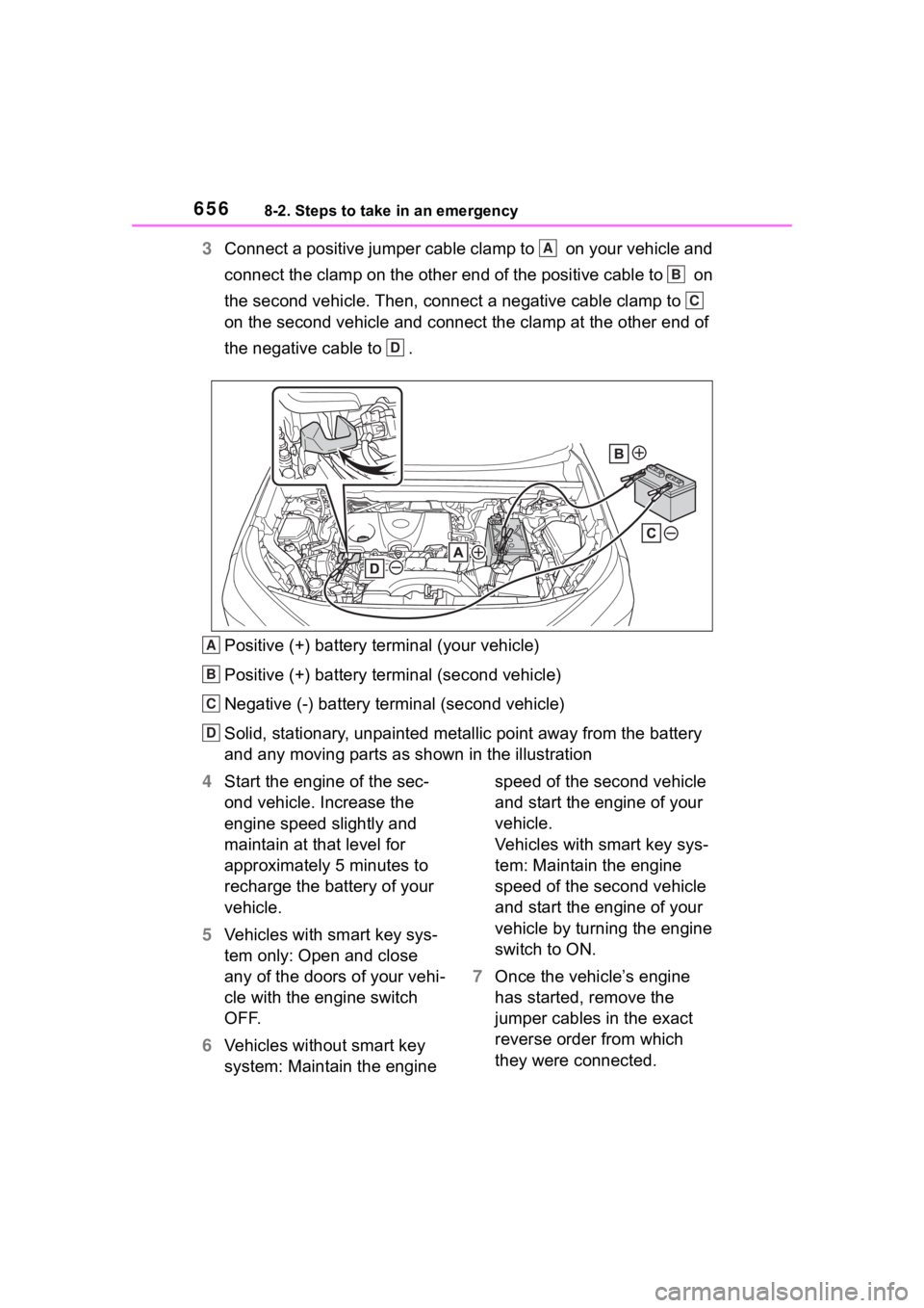 TOYOTA RAV4 2020 Owners Manual (in English) 6568-2. Steps to take in an emergency
3Connect a positive jumper cable clamp to on your vehicle and
connect the clamp on the other end of the positive cable to on
the second vehicle. Then, conn TOYOTA RAV4 2020 Owners Manual (in English) 6568-2. Steps to take in an emergency
3Connect a positive jumper cable clamp to on your vehicle and
connect the clamp on the other end of the positive cable to on
the second vehicle. Then, conn