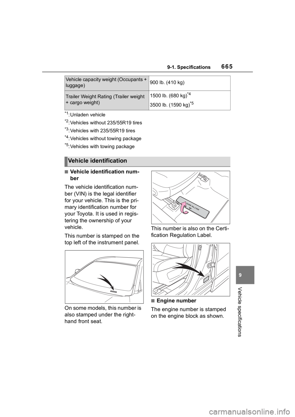 TOYOTA RAV4 2020 Owners Manual (in English) 6659-1. Specifications
9
Vehicle specifications
*1: Unladen vehicle
*2: Vehicles without 235/55R19 tires
*3: Vehicles with 235/55R19 tires
*4: Vehicles without towing package
*5: Vehicles with towing TOYOTA RAV4 2020 Owners Manual (in English) 6659-1. Specifications
9
Vehicle specifications
*1: Unladen vehicle
*2: Vehicles without 235/55R19 tires
*3: Vehicles with 235/55R19 tires
*4: Vehicles without towing package
*5: Vehicles with towing