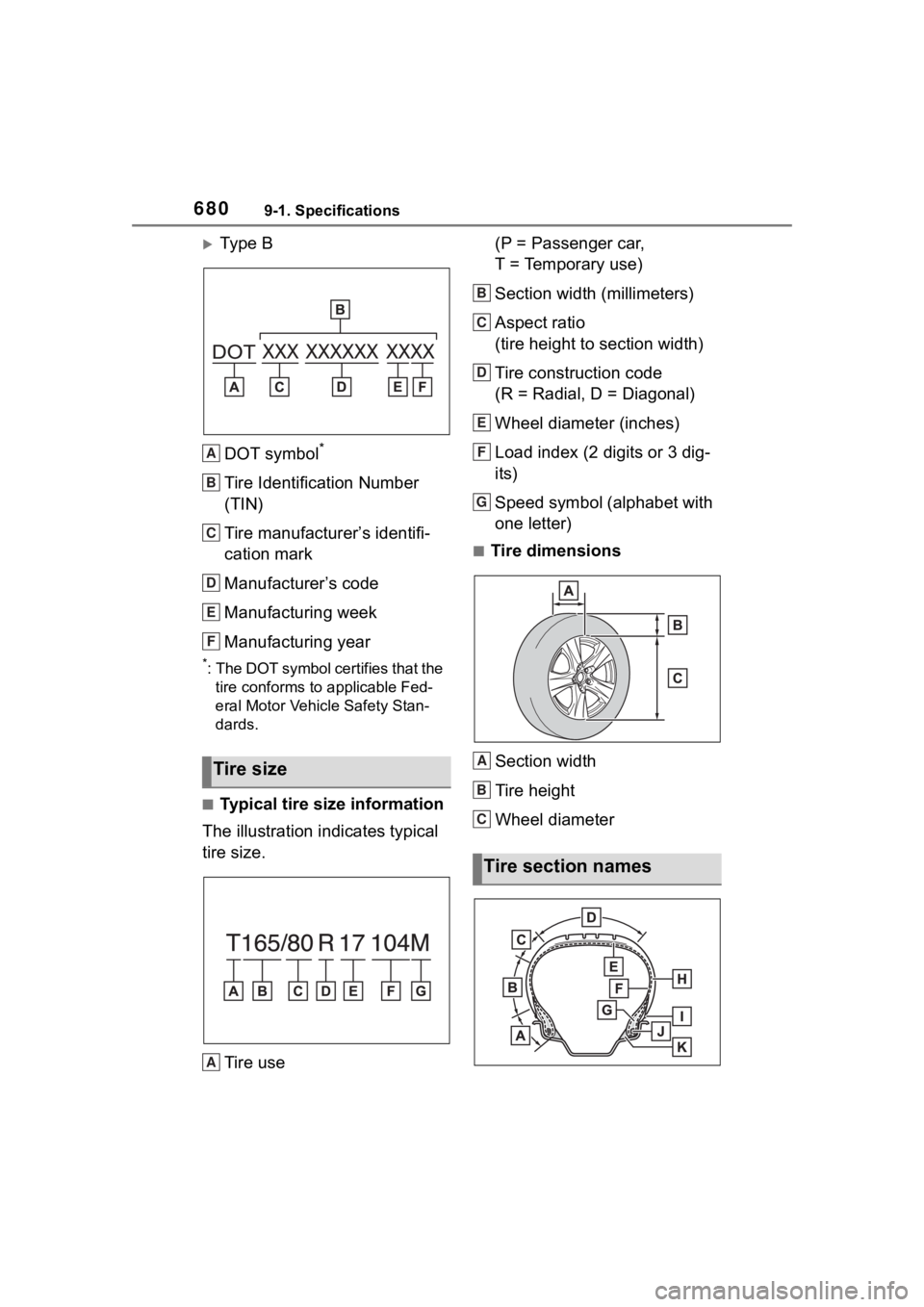 TOYOTA RAV4 2020 Owners Manual (in English) 6809-1. Specifications
Ty p e BDOT symbol
*
Tire Identification Number
(TIN)
Tire manufacturer’s identifi-
cation mark
Manufacturer’s code
Manufacturing week
Manufacturing year
*: The DOT sym TOYOTA RAV4 2020 Owners Manual (in English) 6809-1. Specifications
Ty p e BDOT symbol
*
Tire Identification Number
(TIN)
Tire manufacturer’s identifi-
cation mark
Manufacturer’s code
Manufacturing week
Manufacturing year
*: The DOT sym