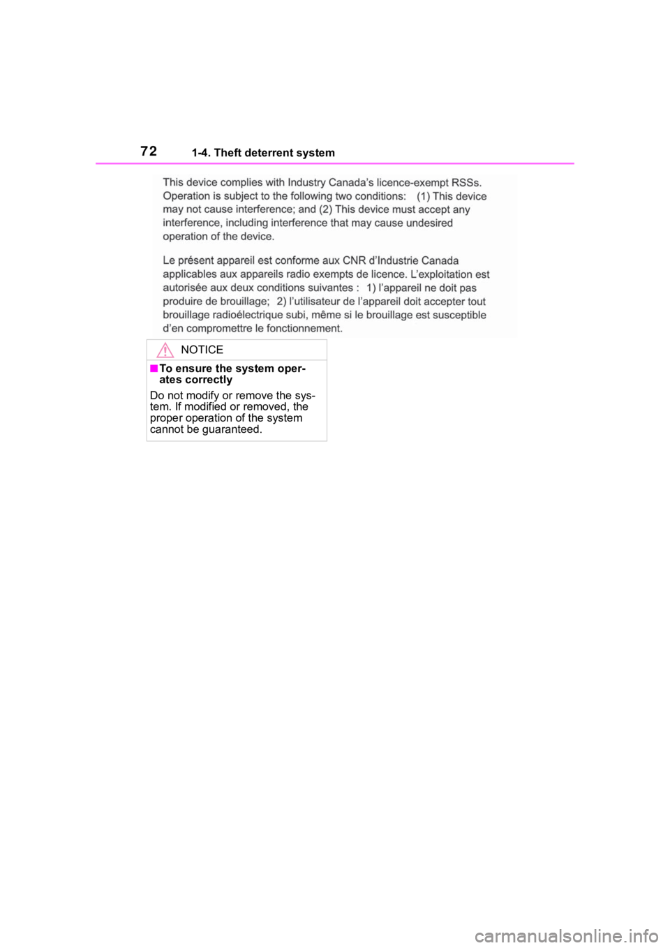 TOYOTA RAV4 2020 (in English) Manual PDF 721-4. Theft deterrent system
NOTICE
■To ensure the system oper-
ates correctly
Do not modify or remove the sys-
tem. If modified or removed, the
proper operation of the system
cannot be guarante TOYOTA RAV4 2020 (in English) Manual PDF 721-4. Theft deterrent system
NOTICE
■To ensure the system oper-
ates correctly
Do not modify or remove the sys-
tem. If modified or removed, the
proper operation of the system
cannot be guarante