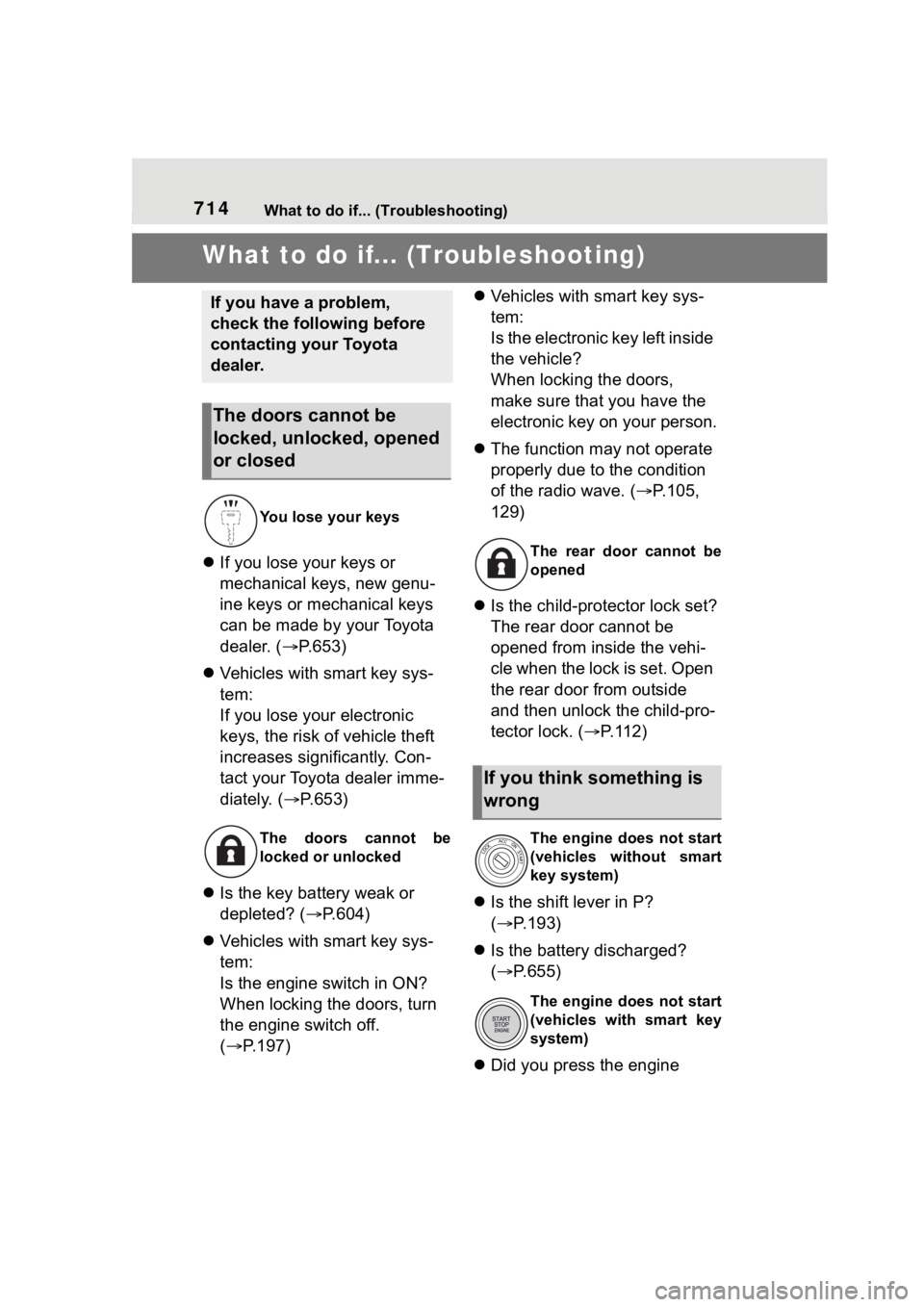 TOYOTA RAV4 2020  Owners Manual (in English) 714What to do if... (Troubleshooting)
1-1.What to do if... (Troubleshooting)What to do if... (Troubleshooting)
If you lose your keys or 
mechanical keys, new genu-
ine keys or mechanical keys 
can 