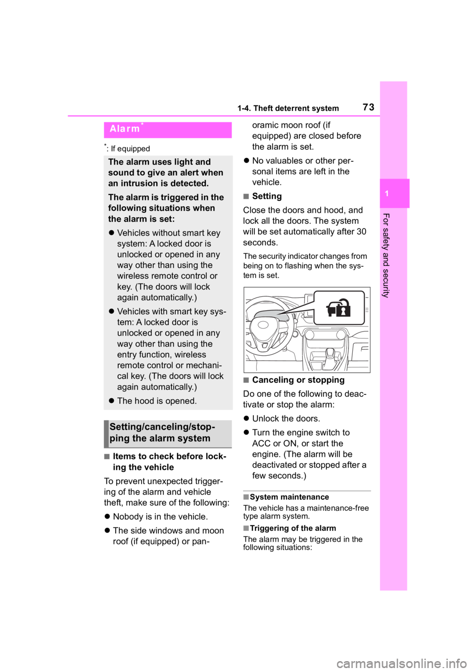 TOYOTA RAV4 2020  Owners Manual (in English) 731-4. Theft deterrent system
1
For safety and security
*: If equipped
■Items to check before lock-
ing the vehicle
To prevent unexpected trigger-
ing of the alarm and vehicle 
theft, make sure of t