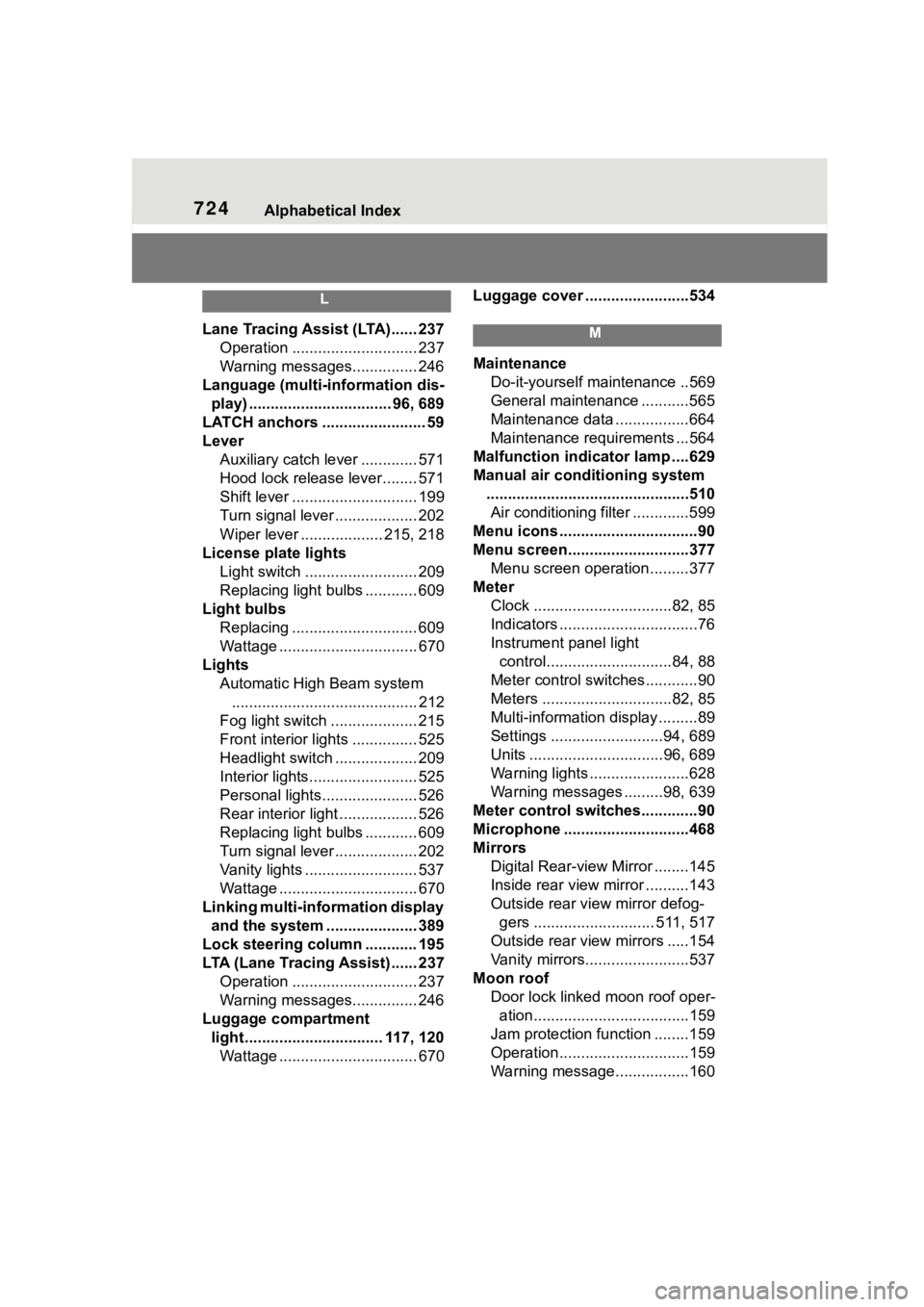 TOYOTA RAV4 2020 Owners Manual (in English) 724Alphabetical Index
L
Lane Tracing Assist (LTA)...... 237Operation ............................. 237
Warning messages............... 246
Language (multi-information dis- play) ...................... TOYOTA RAV4 2020 Owners Manual (in English) 724Alphabetical Index
L
Lane Tracing Assist (LTA)...... 237Operation ............................. 237
Warning messages............... 246
Language (multi-information dis- play) ......................