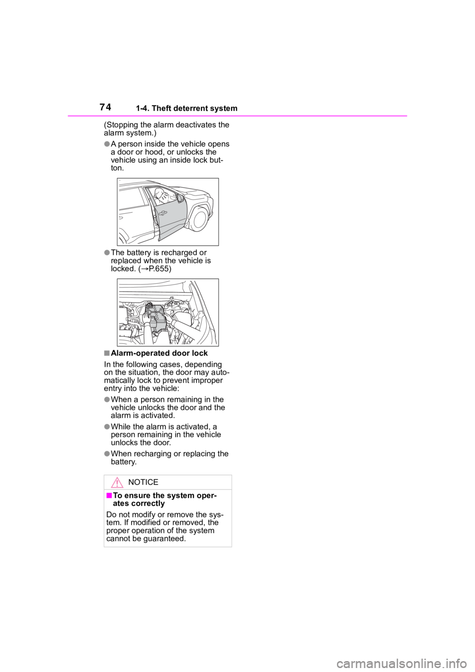 TOYOTA RAV4 2020 (in English) Manual PDF 741-4. Theft deterrent system
(Stopping the alarm deactivates the
alarm system.)
●A person inside the vehicle opens
a door or hood, or unlocks the
vehicle using an inside lock but-
ton.
●The ba TOYOTA RAV4 2020 (in English) Manual PDF 741-4. Theft deterrent system
(Stopping the alarm deactivates the
alarm system.)
●A person inside the vehicle opens
a door or hood, or unlocks the
vehicle using an inside lock but-
ton.
●The ba