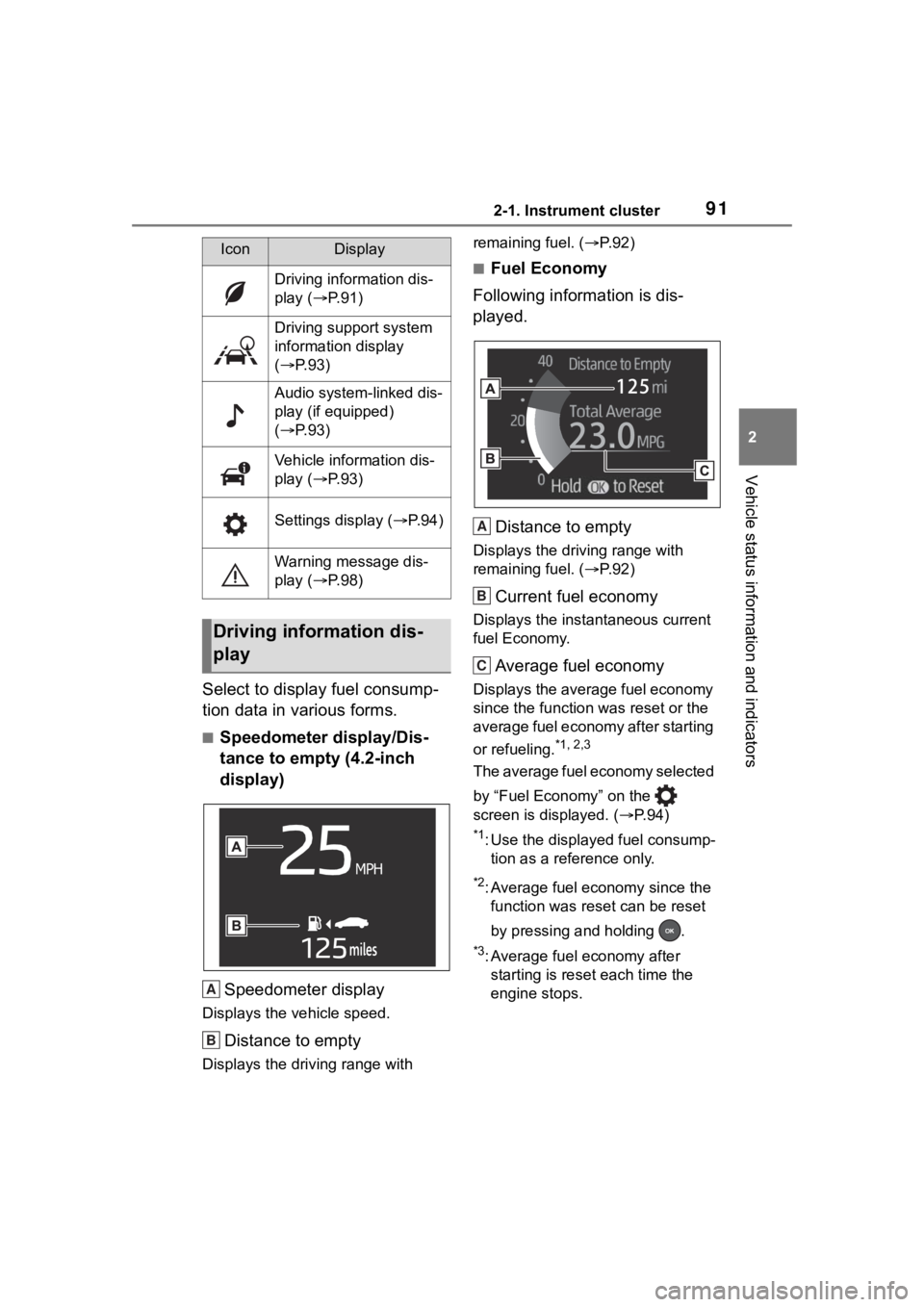 TOYOTA RAV4 2020 Owners Manual (in English) 912-1. Instrument cluster
2
Vehicle status information and indicators
Select to display fuel consump-
tion data in various forms.
■Speedometer display/Dis-
tance to empty (4.2-inch
display)Speedome TOYOTA RAV4 2020 Owners Manual (in English) 912-1. Instrument cluster
2
Vehicle status information and indicators
Select to display fuel consump-
tion data in various forms.
■Speedometer display/Dis-
tance to empty (4.2-inch
display)Speedome