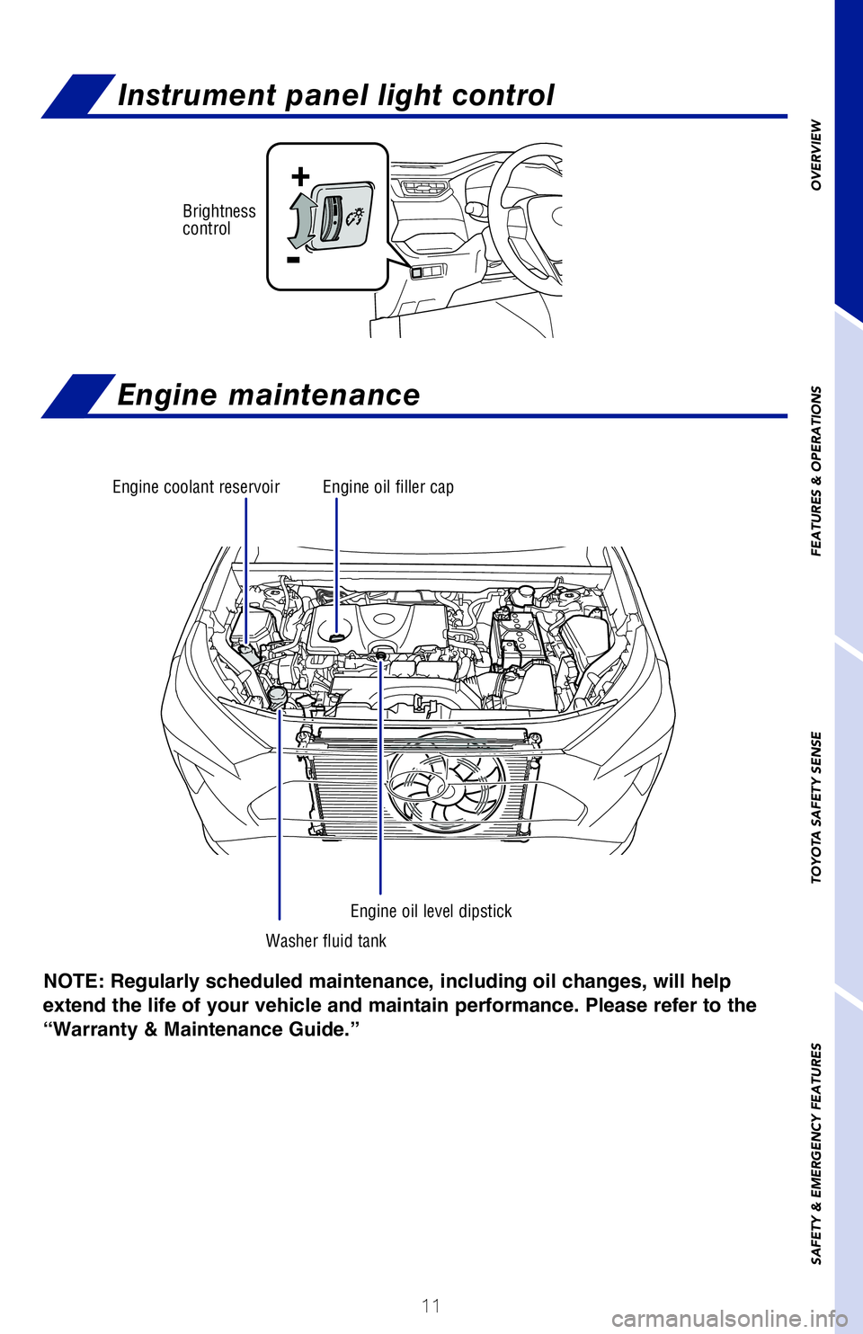 TOYOTA RAV4 2020   (in English) User Guide 11
NOTE: Regularly scheduled maintenance, including  oil changes, will help 
extend the life of your vehicle and maintain performance. Please refer to the 
“Warranty & Maintenance Guide.”
+
-
Brig