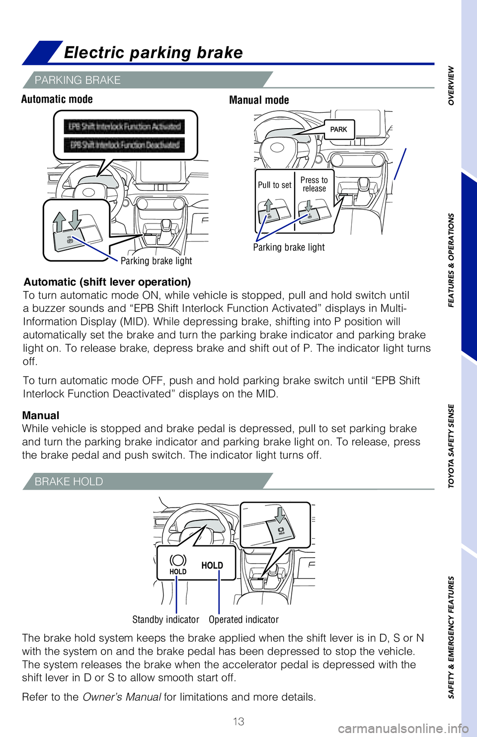 TOYOTA RAV4 2020   (in English) User Guide 13
Electric parking brake
Automatic (shift lever operation)
ManualTo turn automatic mode ON, while vehicle is stopped, pull and hold switch until 
a buzzer sounds and “EPB Shift Interlock Function A