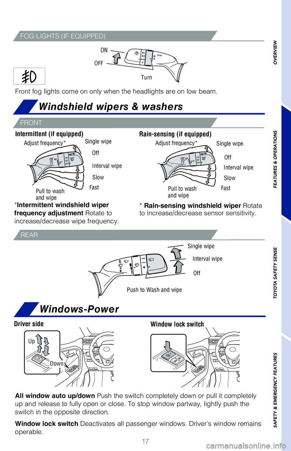TOYOTA RAV4 2020   (in English) User Guide 17
Windows-Power
Windshield wipers & washers
Front fog lights come on only when the headlights are on low beam.
Turn OFFON
FRONT
*Intermittent windshield wiper 
frequency adjustment Rotate to 
increas