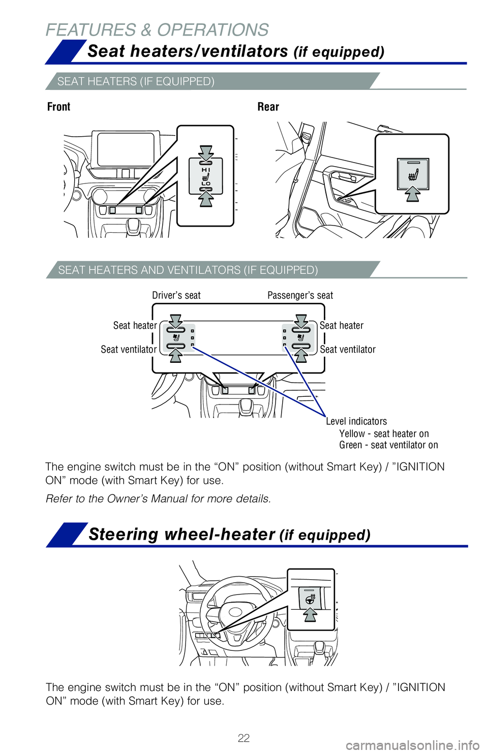 TOYOTA RAV4 2020   (in English) Owners Manual 22
FEATURES & OPERATIONS
Seat heaters/ventilators (if equipped)
FrontRear
�5�I�F��F�O�H�J�O�F��T�X�J�U�D�I��N�V�T�U��C�F��J�O��U�I�F��i�0�/�w��Q�P�T�J�U�J�P�O��	�X�J�U�I�P�V�U��4�N�B�S�U��,