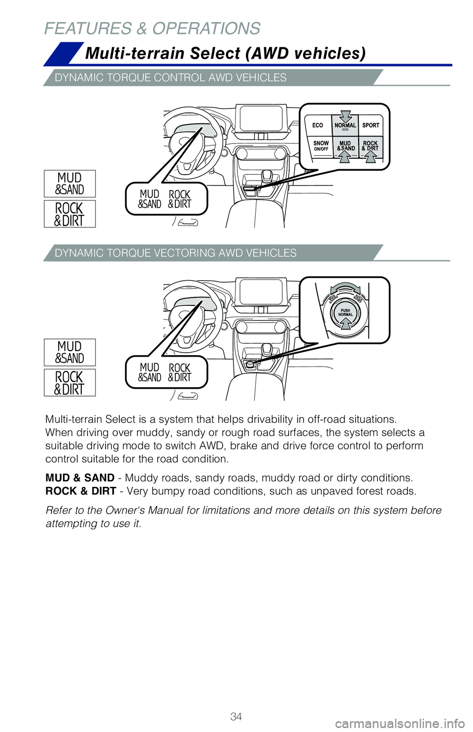 TOYOTA RAV4 2020   (in English) Owners Guide 34
FEATURES & OPERATIONS
Multi-terrain Select (AWD vehicles)
Multi-terrain Select is a system that helps drivability in off-road situations.
When driving over muddy, sandy or rough road surfaces, the 