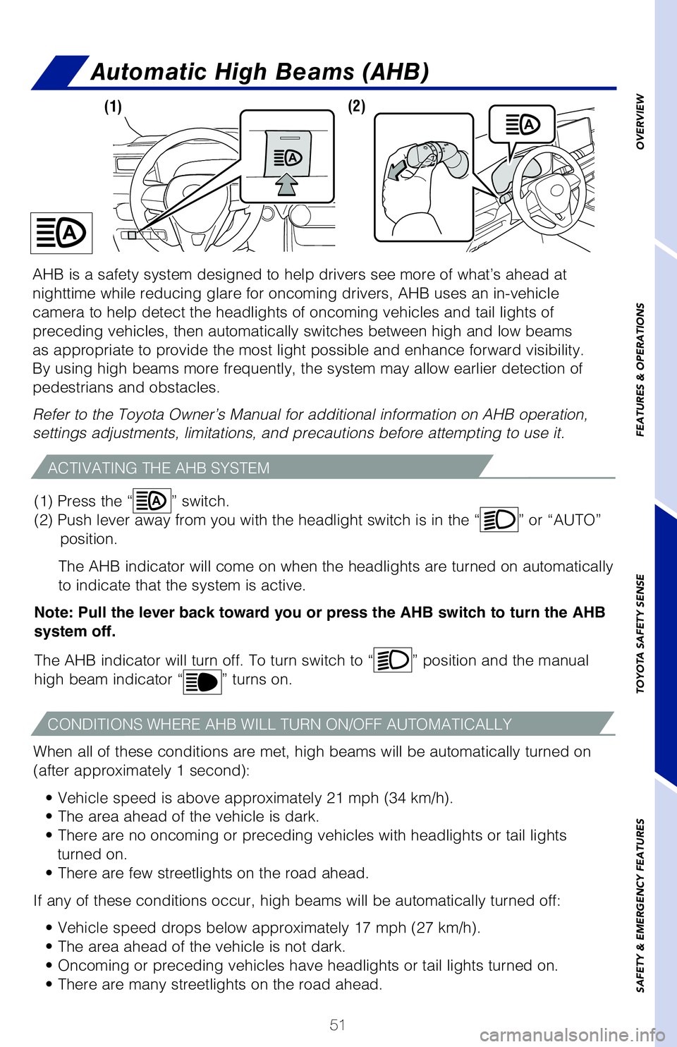 TOYOTA RAV4 2020   (in English) Workshop Manual 51
OVERVIEW FEATURES & OPERATIONS TOYOTA SAFETY SENSE SAFETY & EMERGENCY FEATURES
Automatic High Beams (AHB)
ACTIVATING THE AHB SYSTEM
CONDITIONS WHERE AHB WILL TURN ON/OFF AUTOMATICALLY
When all of t