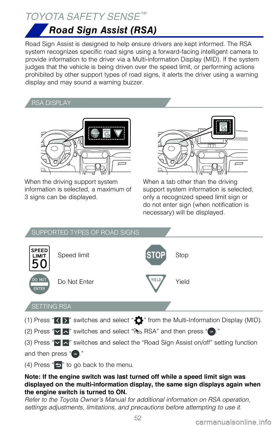 TOYOTA RAV4 2020   (in English) Workshop Manual 52
TOYOTA SAFETY SENSE™
Road Sign Assist (RSA)
Road Sign Assist is designed to help ensure drivers are kept informed. The RSA 
system recognizes specific road signs using a forward-facing intelligen