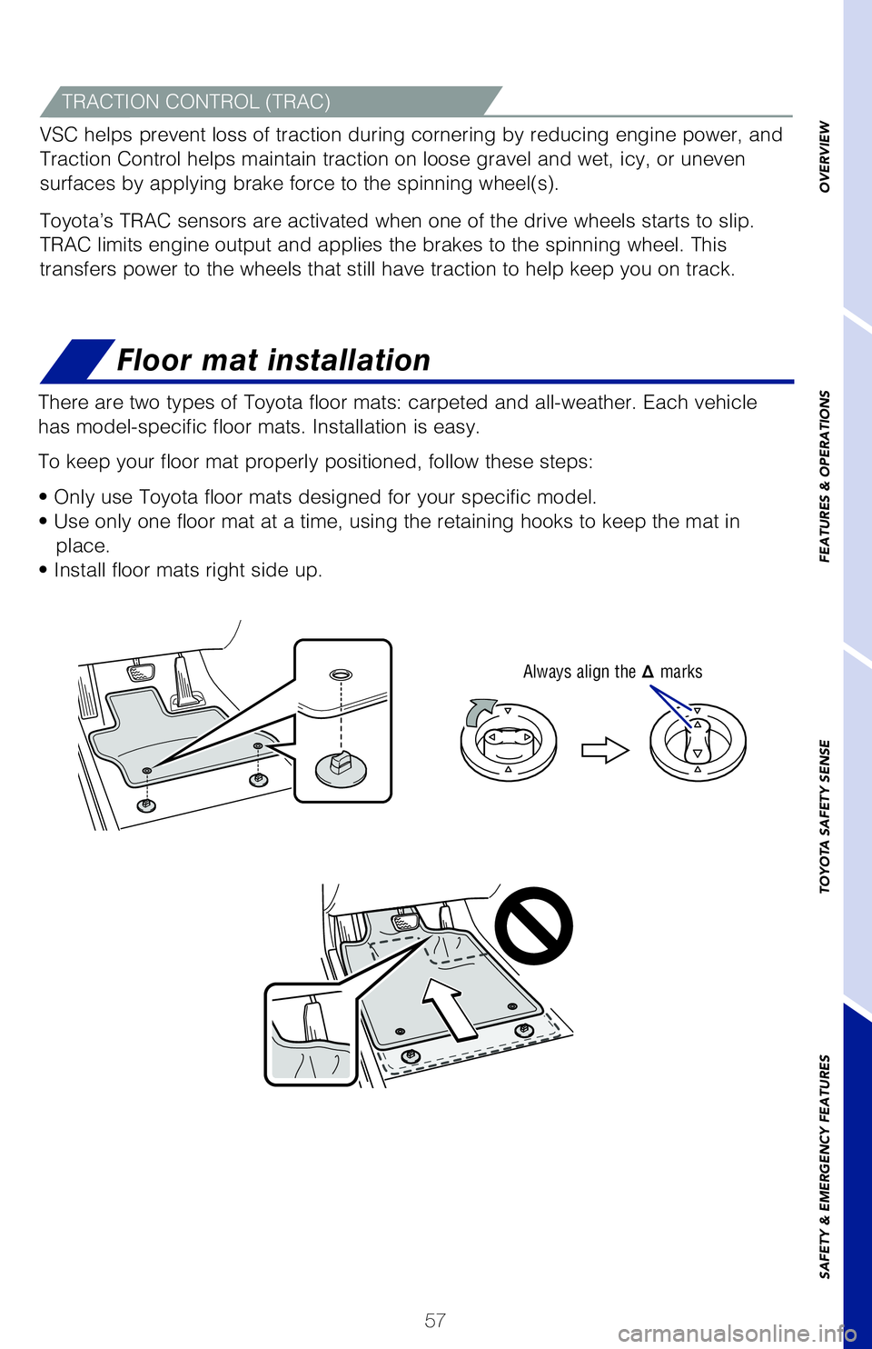 TOYOTA RAV4 2020   (in English) Workshop Manual 57
Floor mat installation
There are two types of Toyota floor mats: carpeted and all-weather. Each vehicle 
has model-specific floor mats. Installation is easy. 
To keep your floor mat properly positi