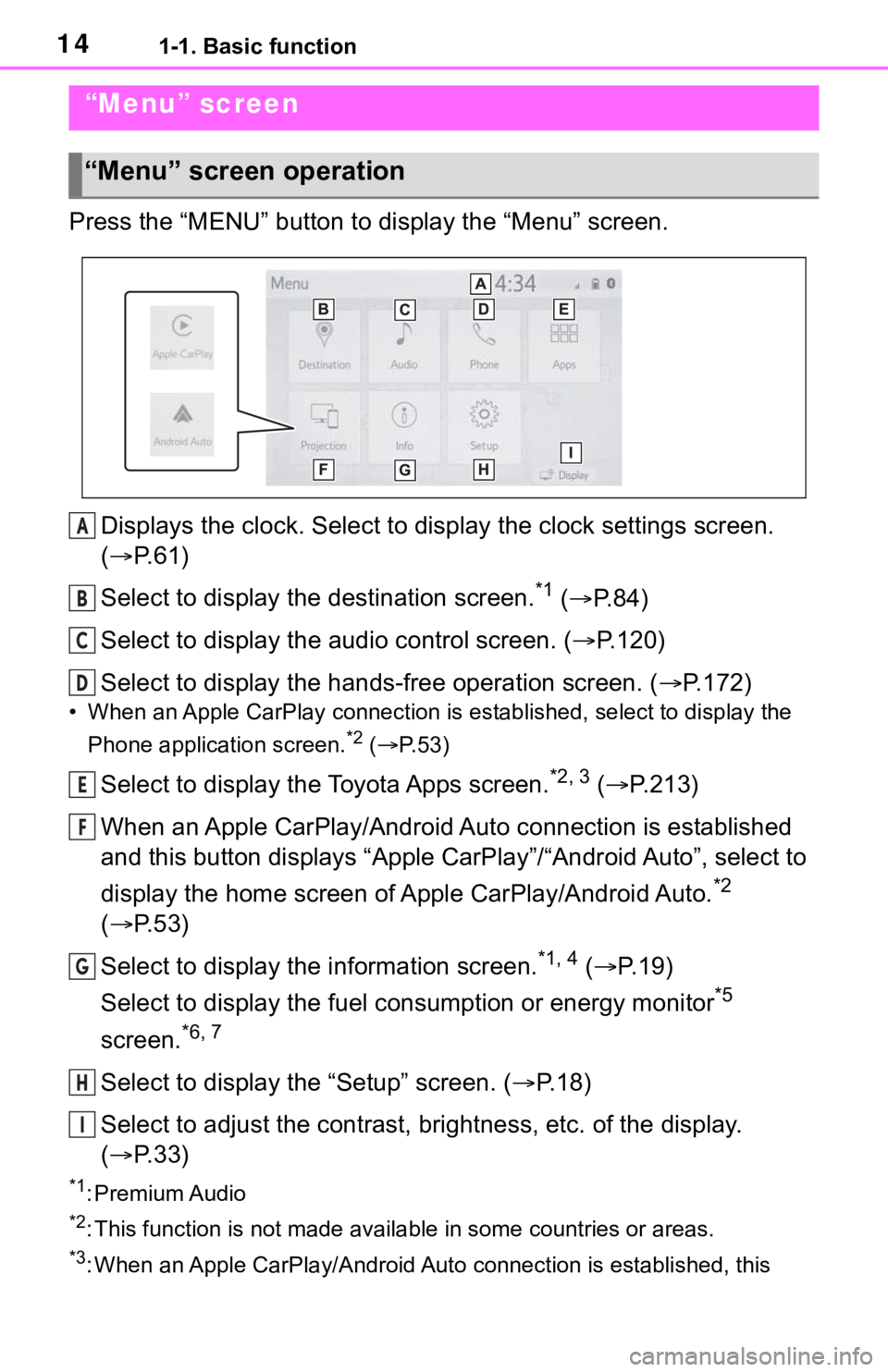 TOYOTA RAV4 2020 Accessories, Audio & Navigation (in English) 141-1. Basic function
Press the “MENU” button to display the “Menu” screen.
Displays the clock. Select to display the clock settings screen.
( P. 6 1 )
Select to display the destination sc TOYOTA RAV4 2020 Accessories, Audio & Navigation (in English) 141-1. Basic function
Press the “MENU” button to display the “Menu” screen.
Displays the clock. Select to display the clock settings screen.
( P. 6 1 )
Select to display the destination sc
